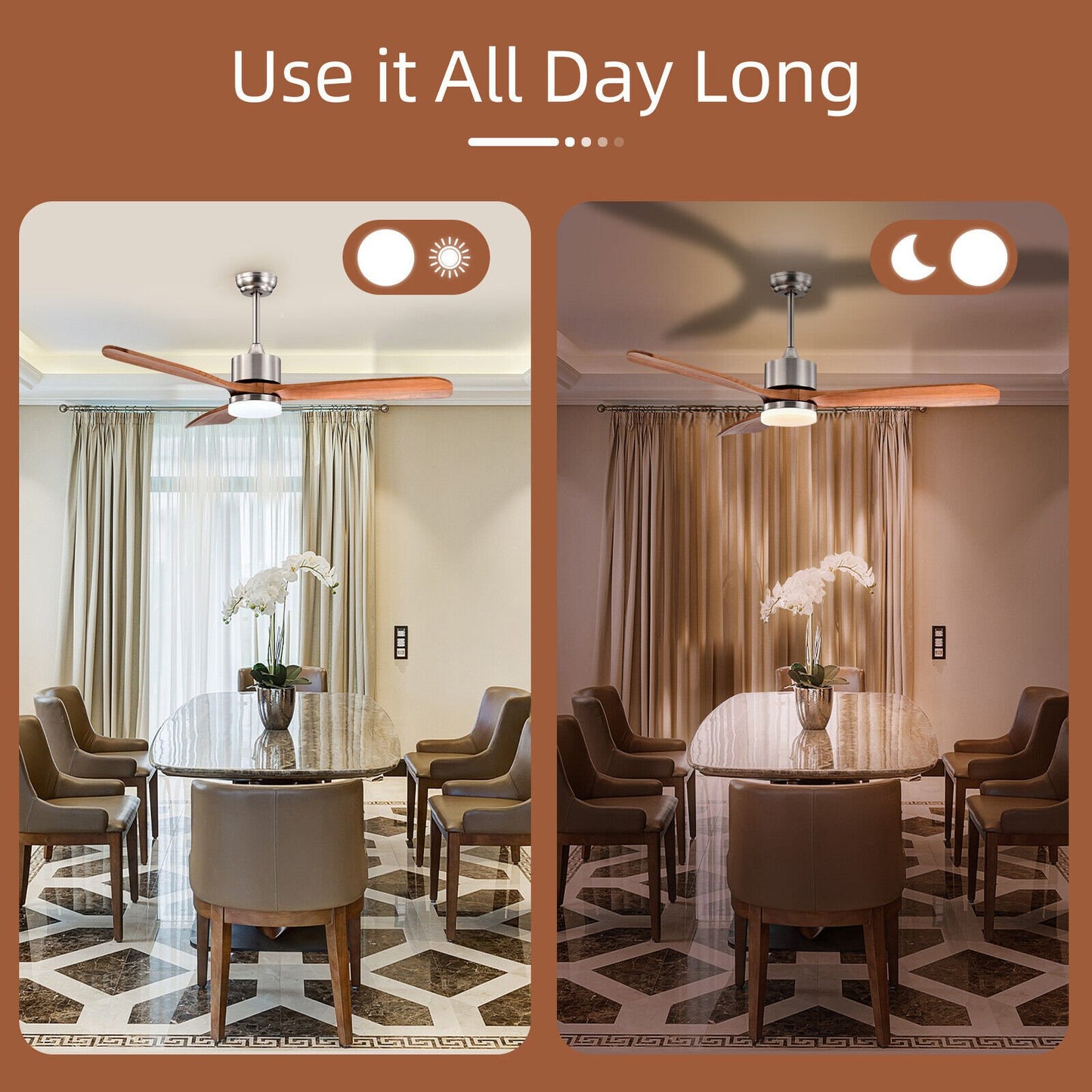 52 Inch Reversible Ceiling Fan with LED Light and Adjustable Temperature-Brown