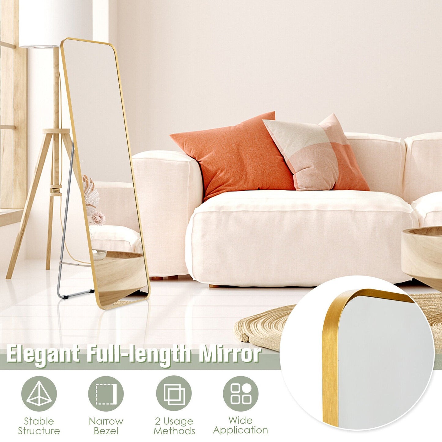 Full Length Wall Mounted Hanging Mirror with Stand Free Standing Body-Golden