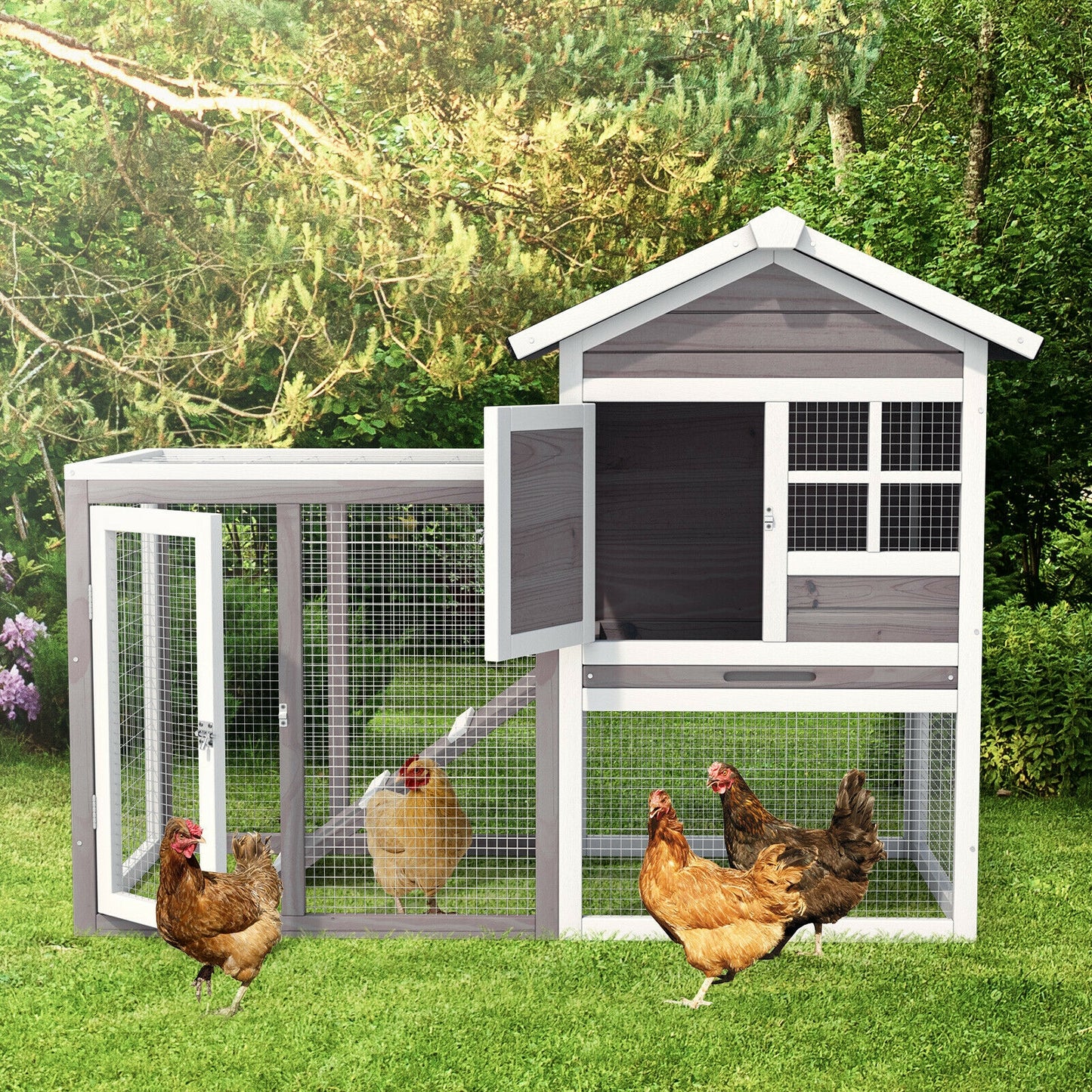 2-Story Wooden Rabbit Hutch with Running Area-Gray