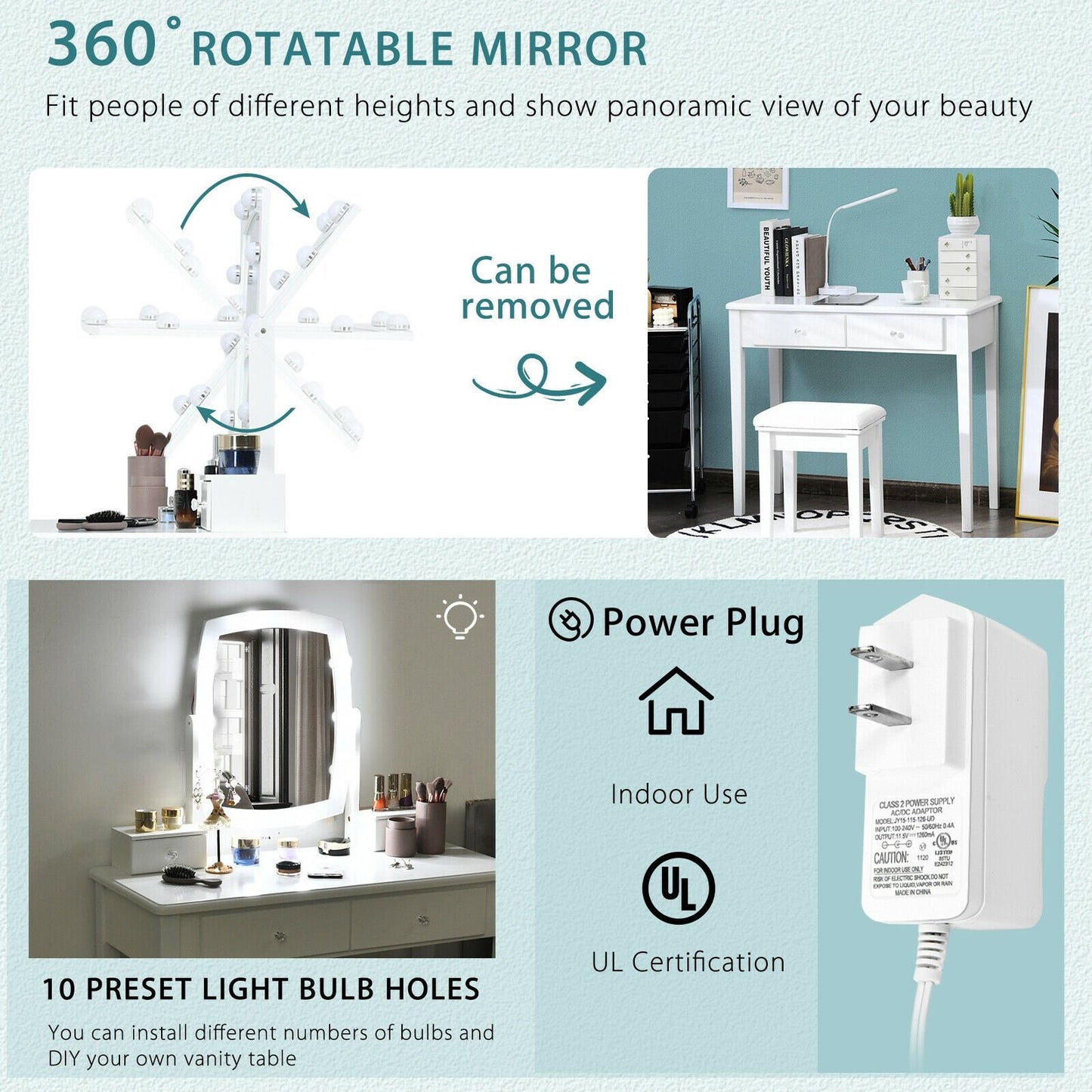 Vanity Table Set with Lighted Mirror for Bedroom and Dressing Room-Black