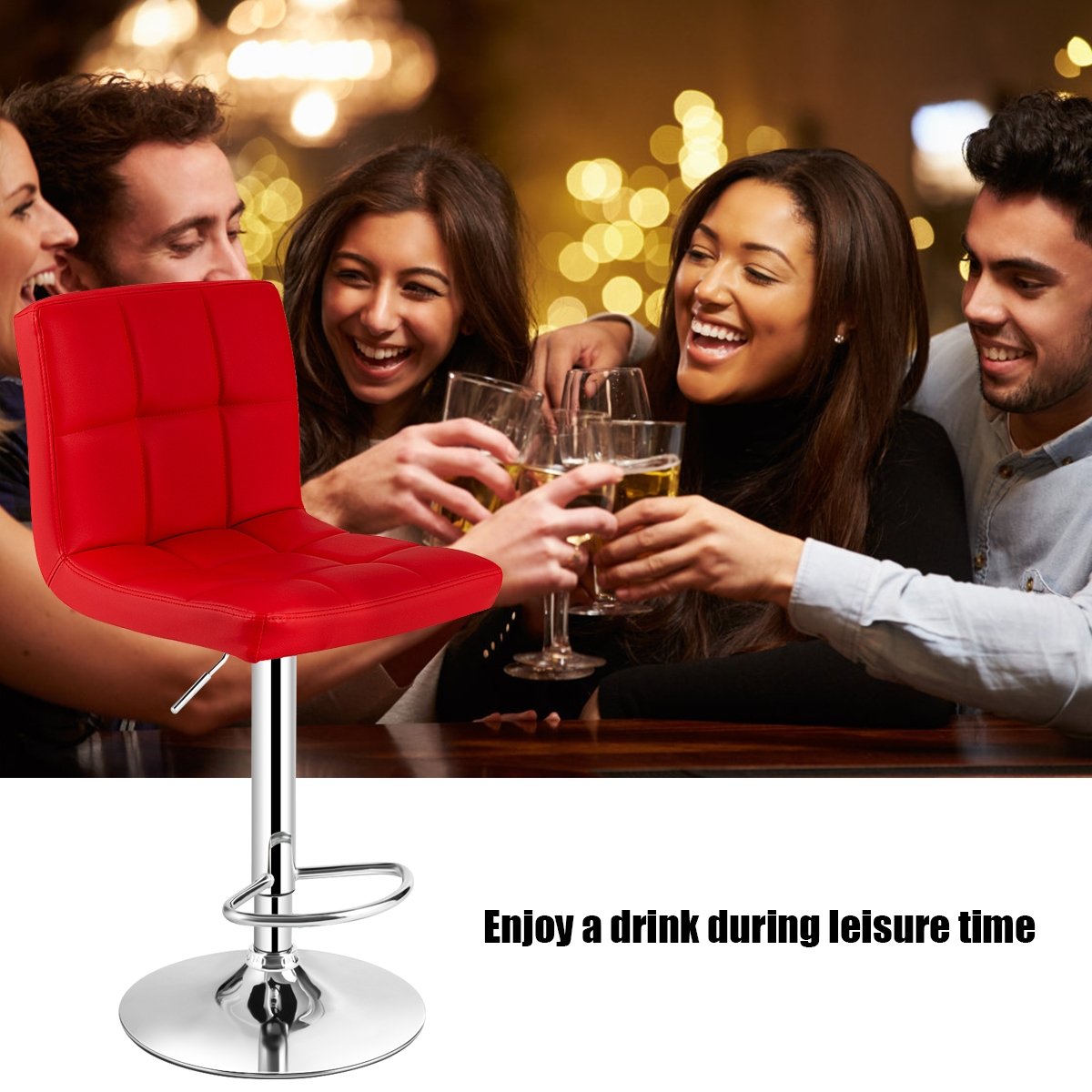 Adjustable Swivel Bar Stool with PU Leather-Black