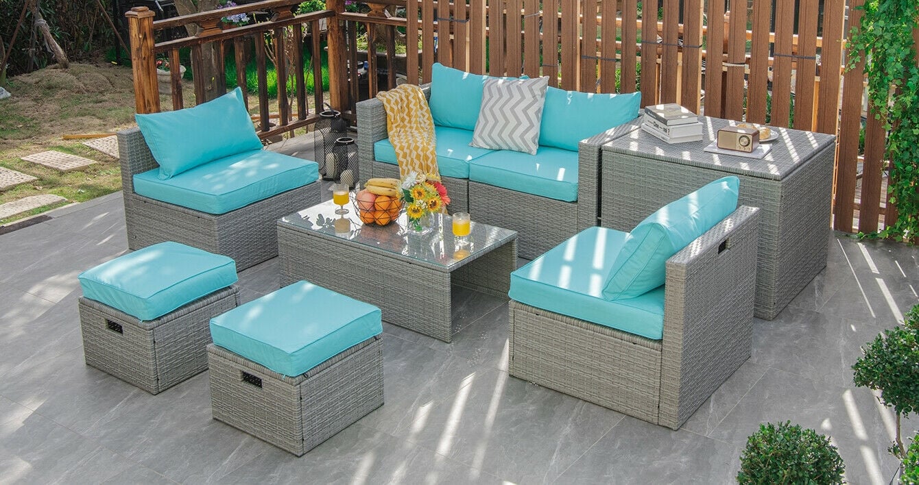 8 Pieces Patio Rattan Furniture Set with Storage Waterproof Cover and Cushion-Black