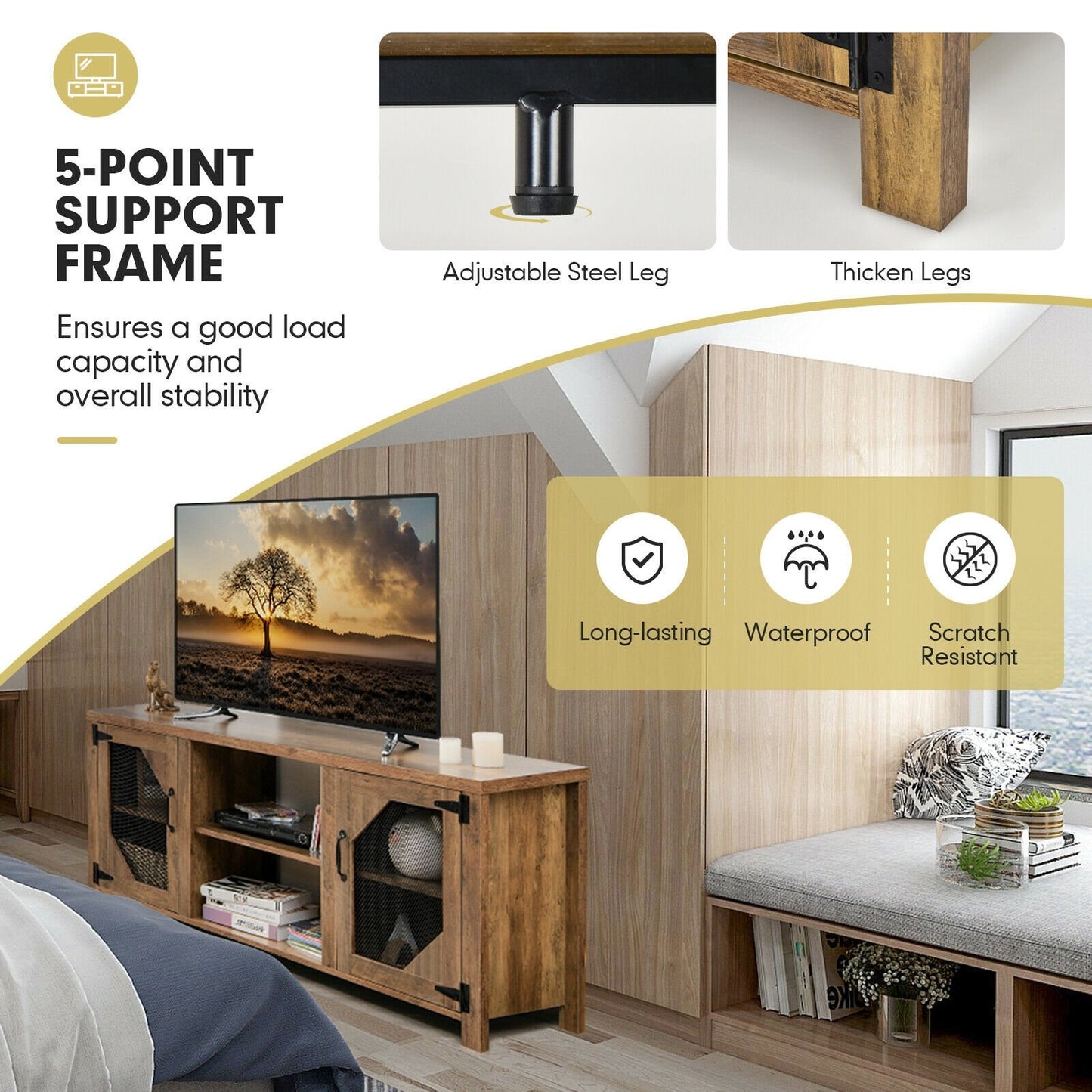 TV Stand Entertainment Media Center for TVs up to 65-Inch with Steel Mesh Doors-Rustic Brown