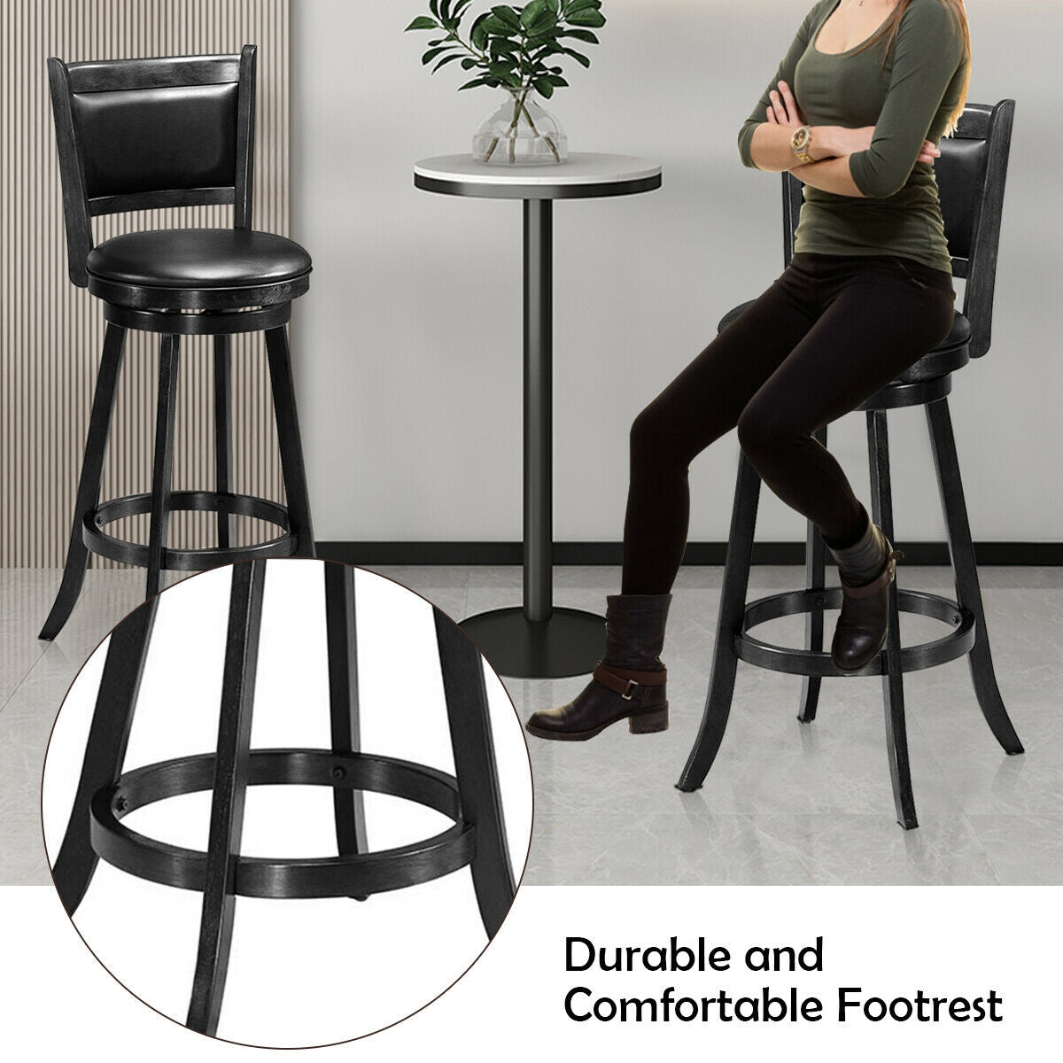 Set of 2 29 Inch Swivel Bar Height Stool Wood Dining Chair Barstool-Black