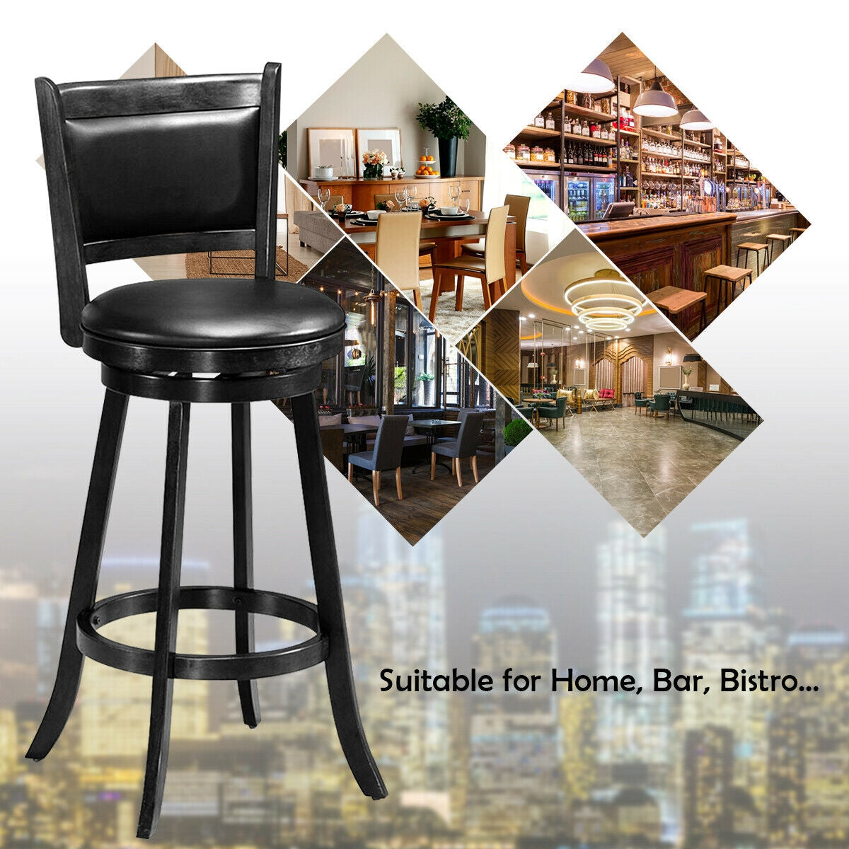 Set of 2 29 Inch Swivel Bar Height Stool Wood Dining Chair Barstool-Black