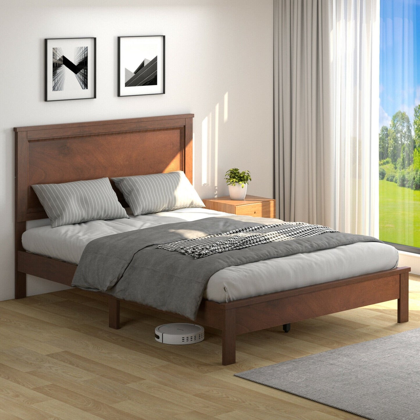 Full Size Platform Slat Bed Frame with High Headboard-Black