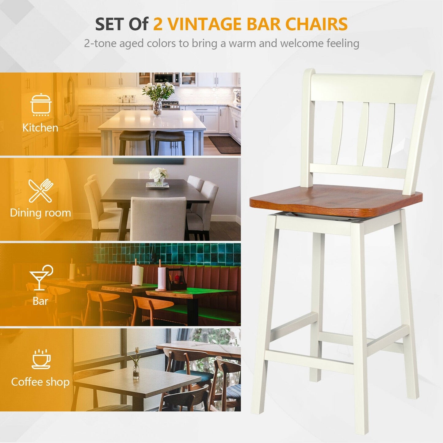 24.5 Inches Set of 2 Swivel Bar Stools with 360° Swiveling-Black