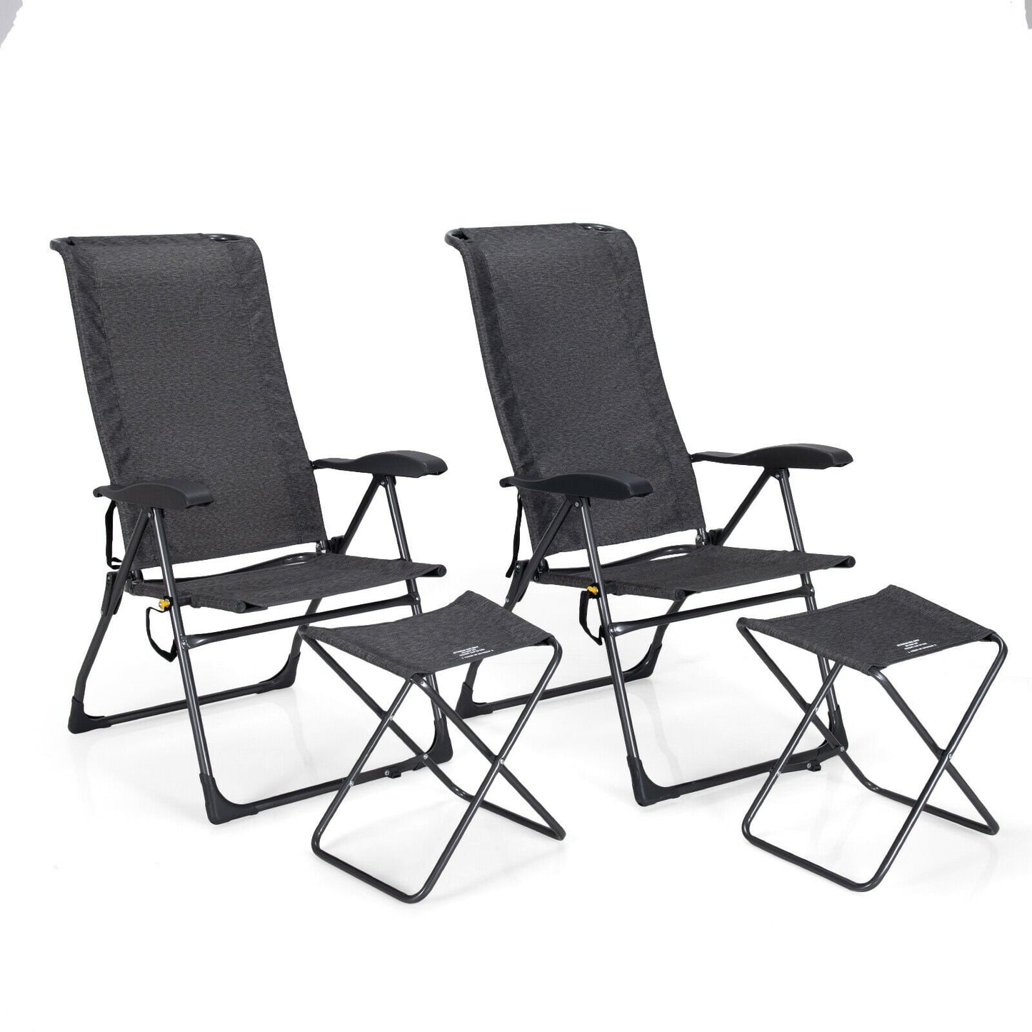 4 Pieces Patio Adjustable Back Folding Dining Chair Ottoman Set-Black