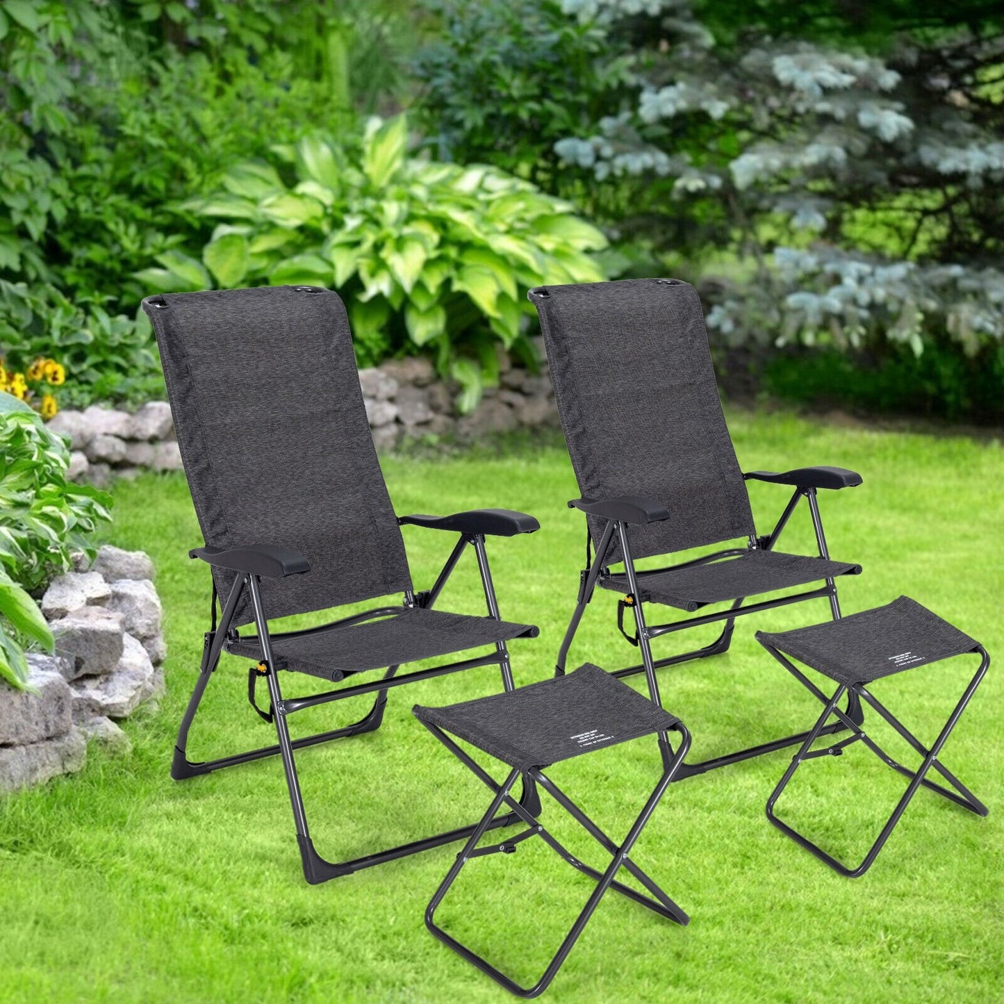 4 Pieces Patio Adjustable Back Folding Dining Chair Ottoman Set-Black