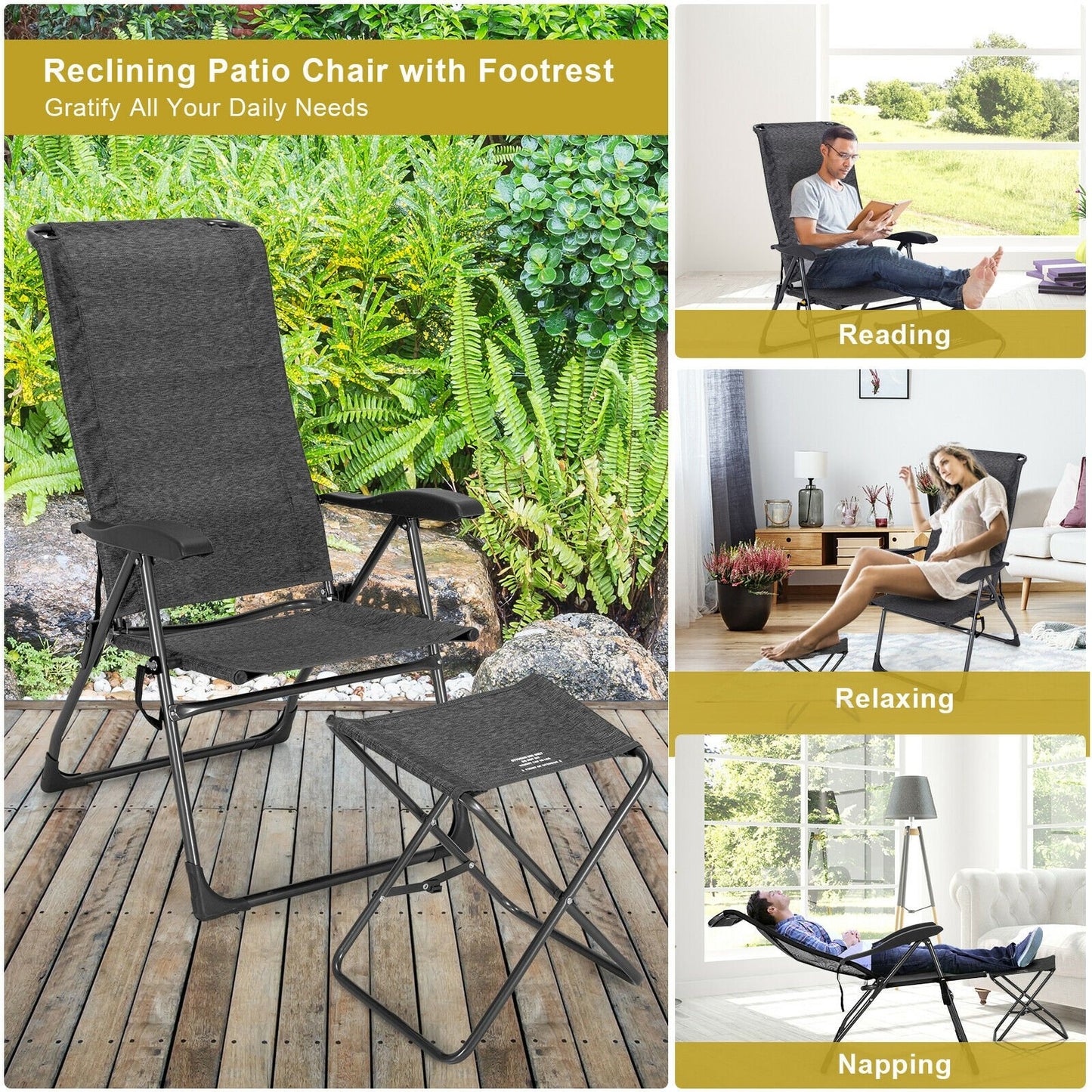 4 Pieces Patio Adjustable Back Folding Dining Chair Ottoman Set-Black