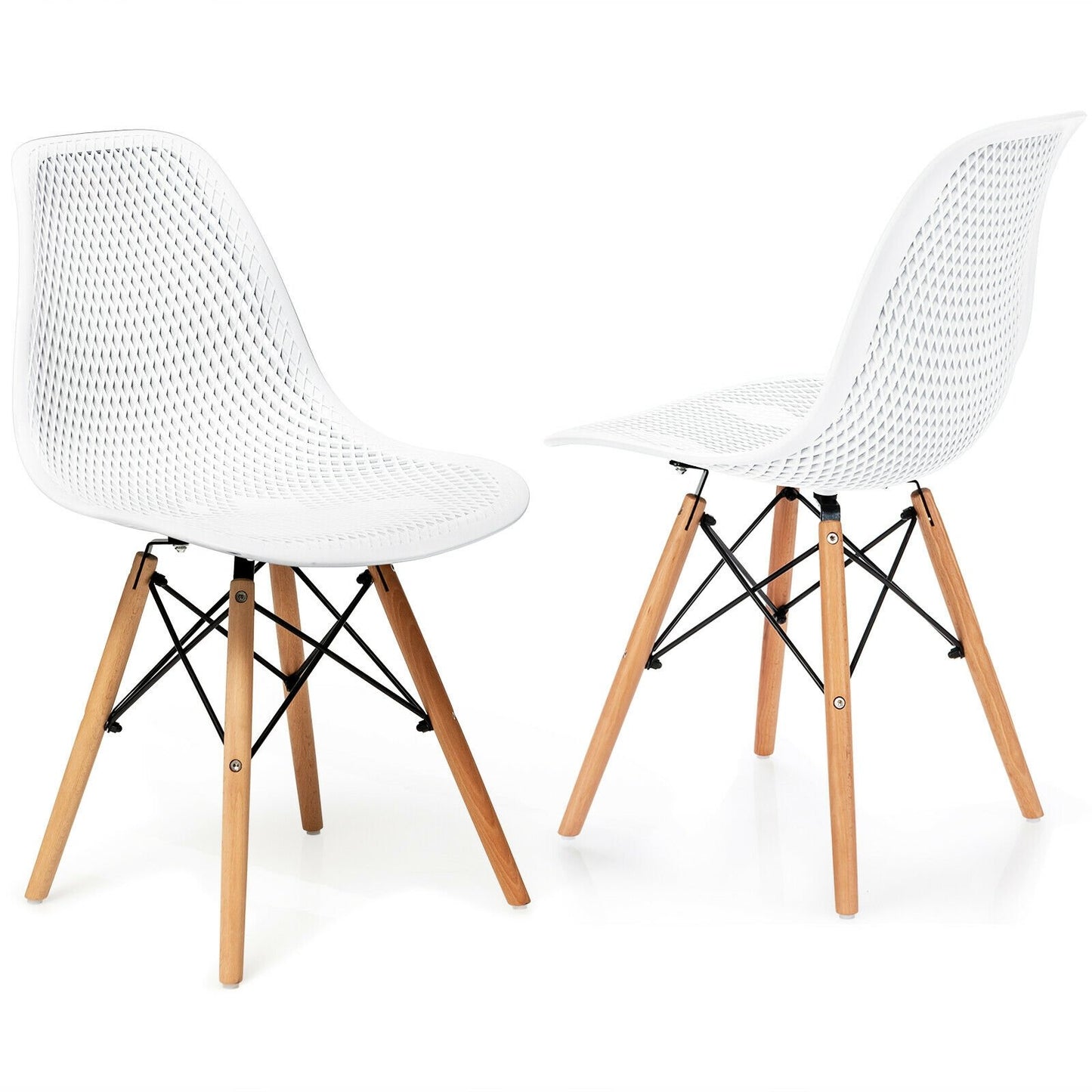 2 Pieces Modern Plastic Hollow Chair Set with Wood Leg-Black