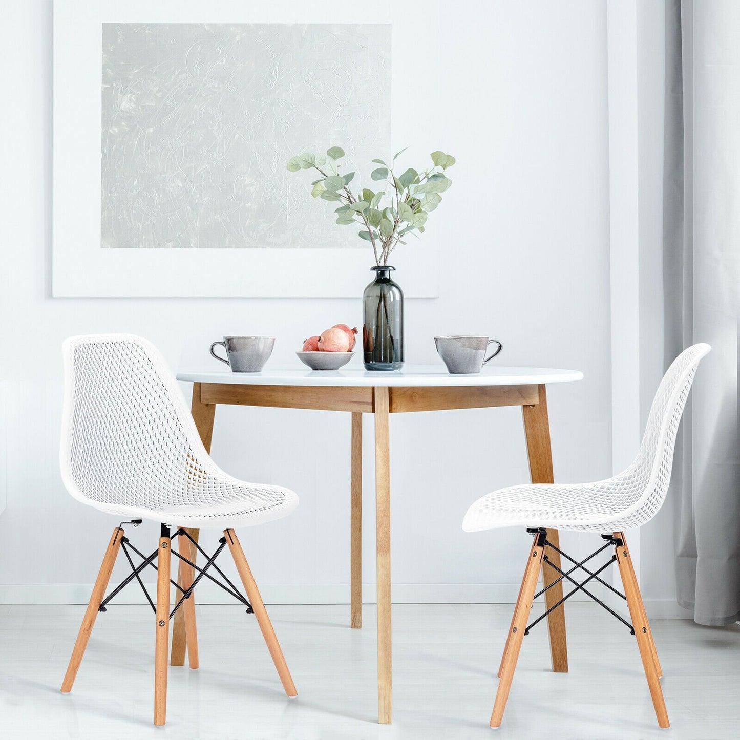 2 Pieces Modern Plastic Hollow Chair Set with Wood Leg-Black