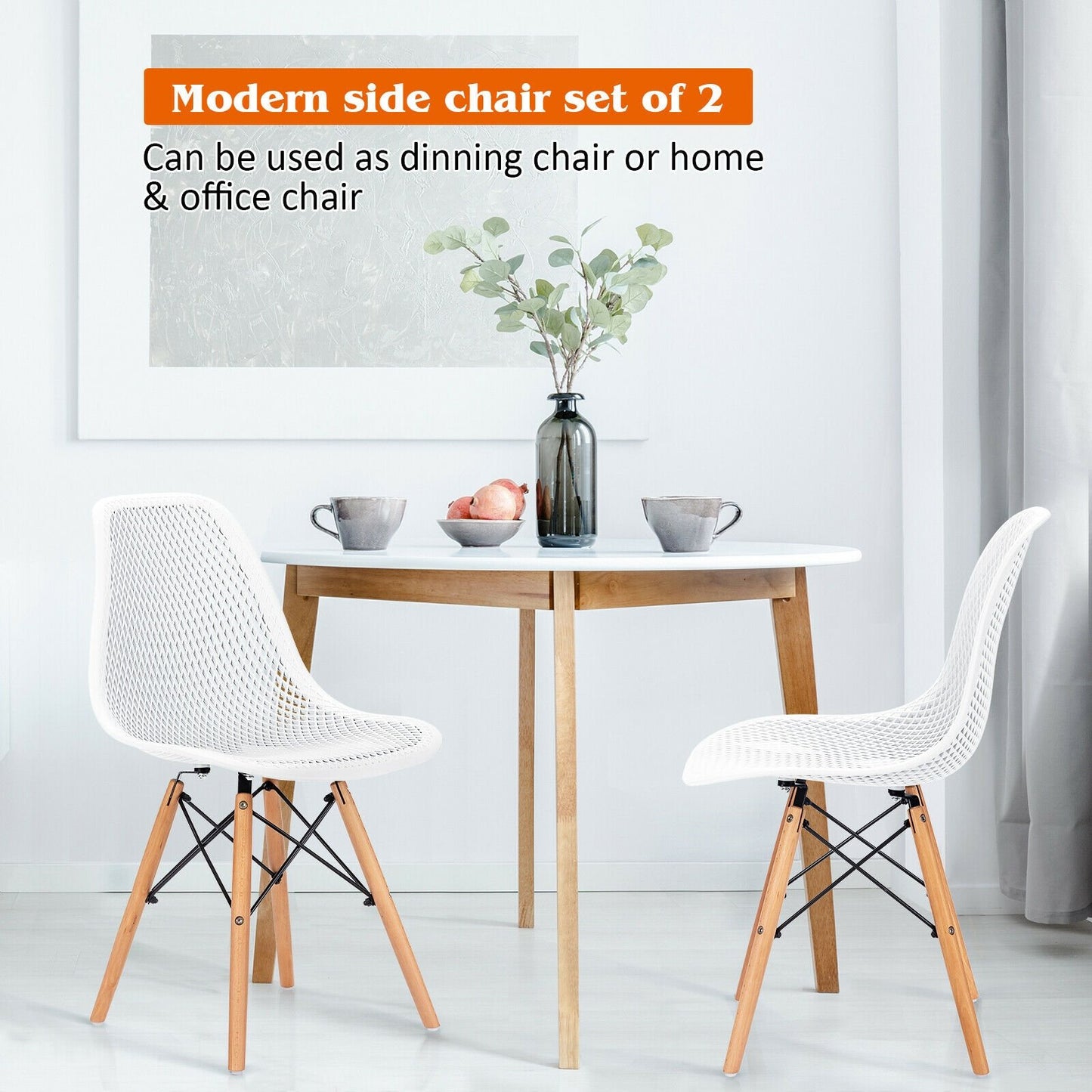 2 Pieces Modern Plastic Hollow Chair Set with Wood Leg-Black