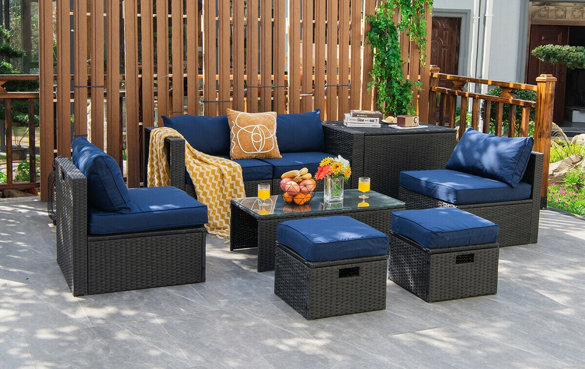 8 Pieces Patio Rattan Storage Table Furniture Set-Black