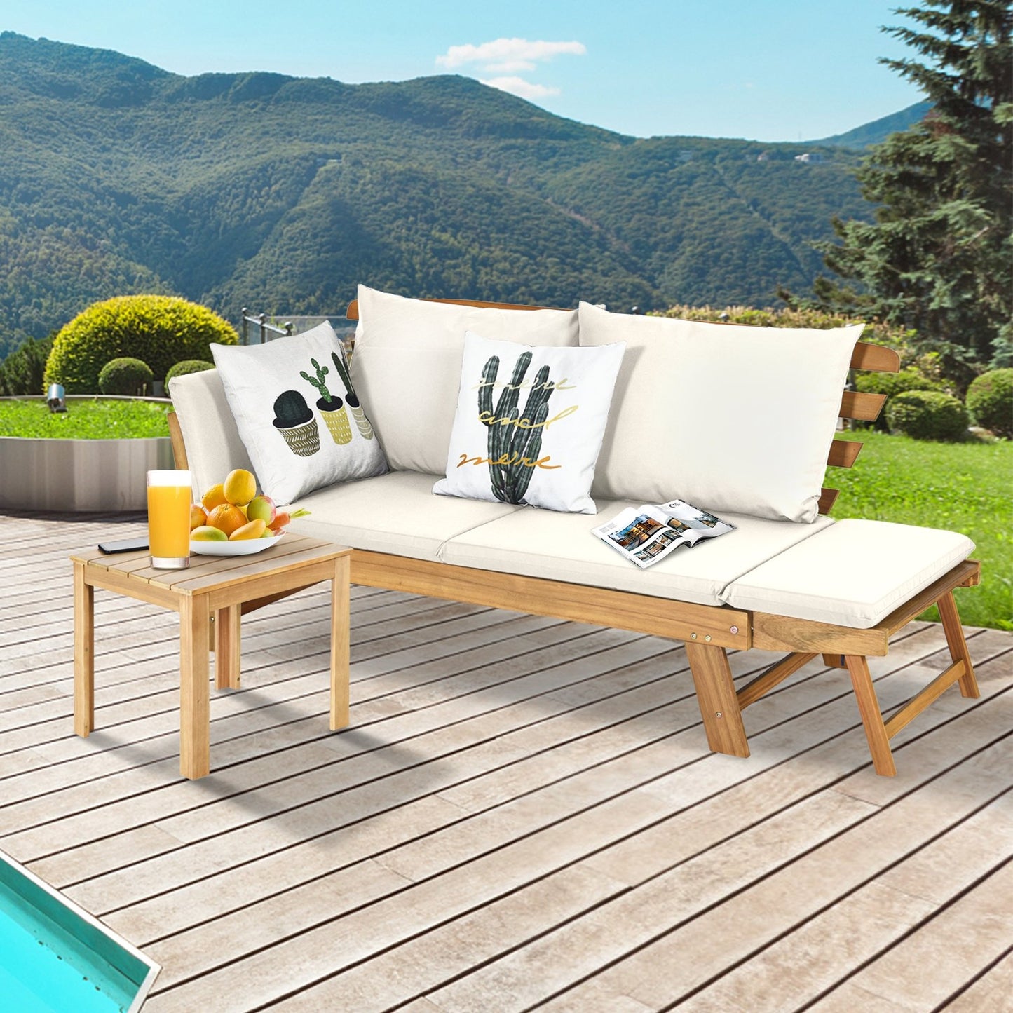 Patio Convertible Solid Wood Sofa with Cushion