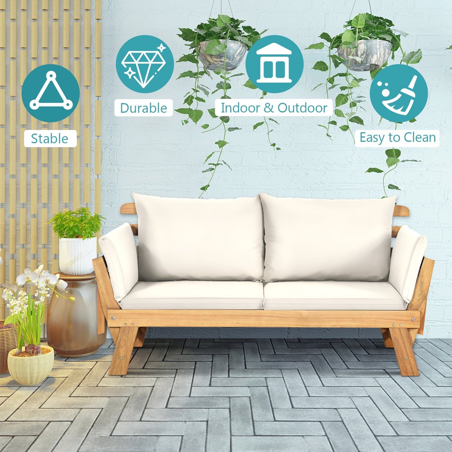 Patio Convertible Solid Wood Sofa with Cushion