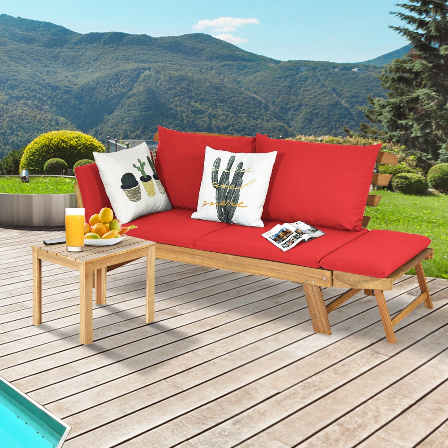 Adjustable Patio Convertible Sofa with Thick Cushion-Red