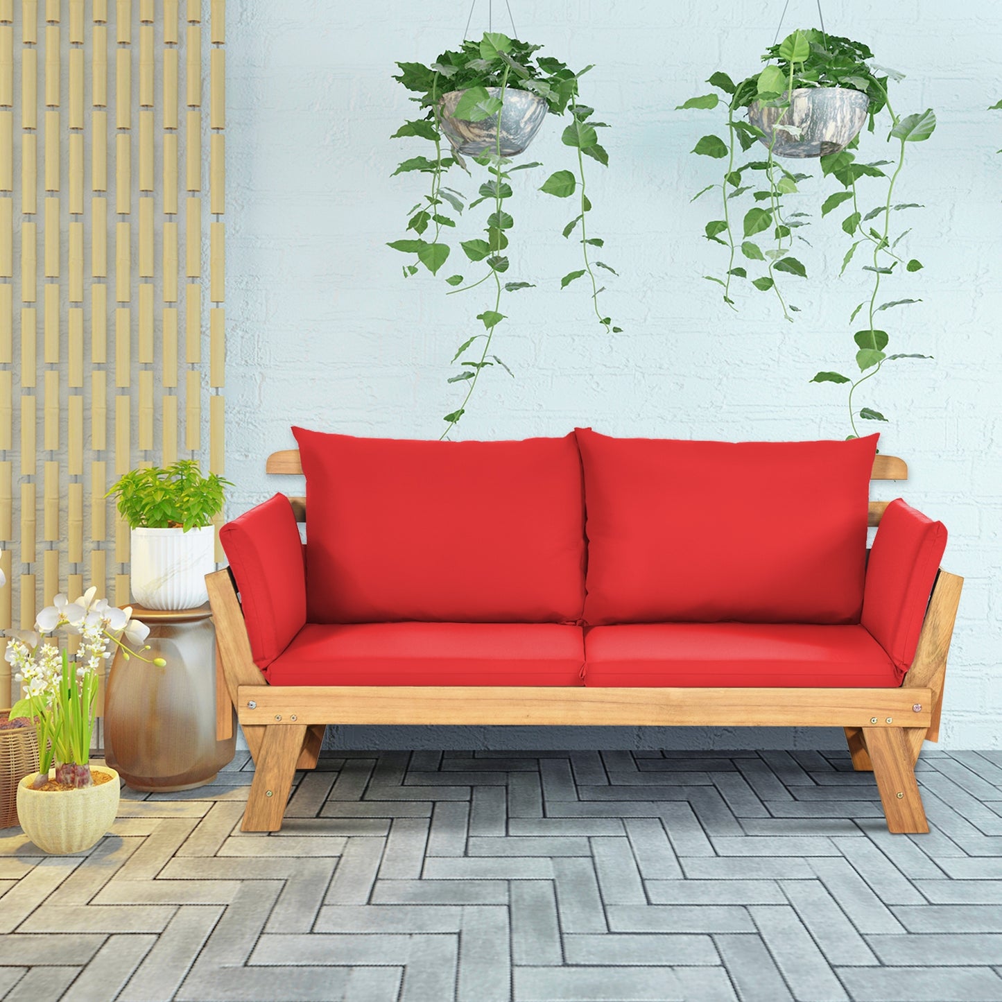 Adjustable Patio Convertible Sofa with Thick Cushion-Red
