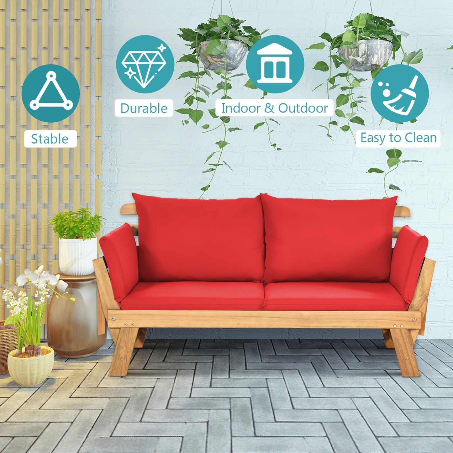 Adjustable Patio Convertible Sofa with Thick Cushion-Red