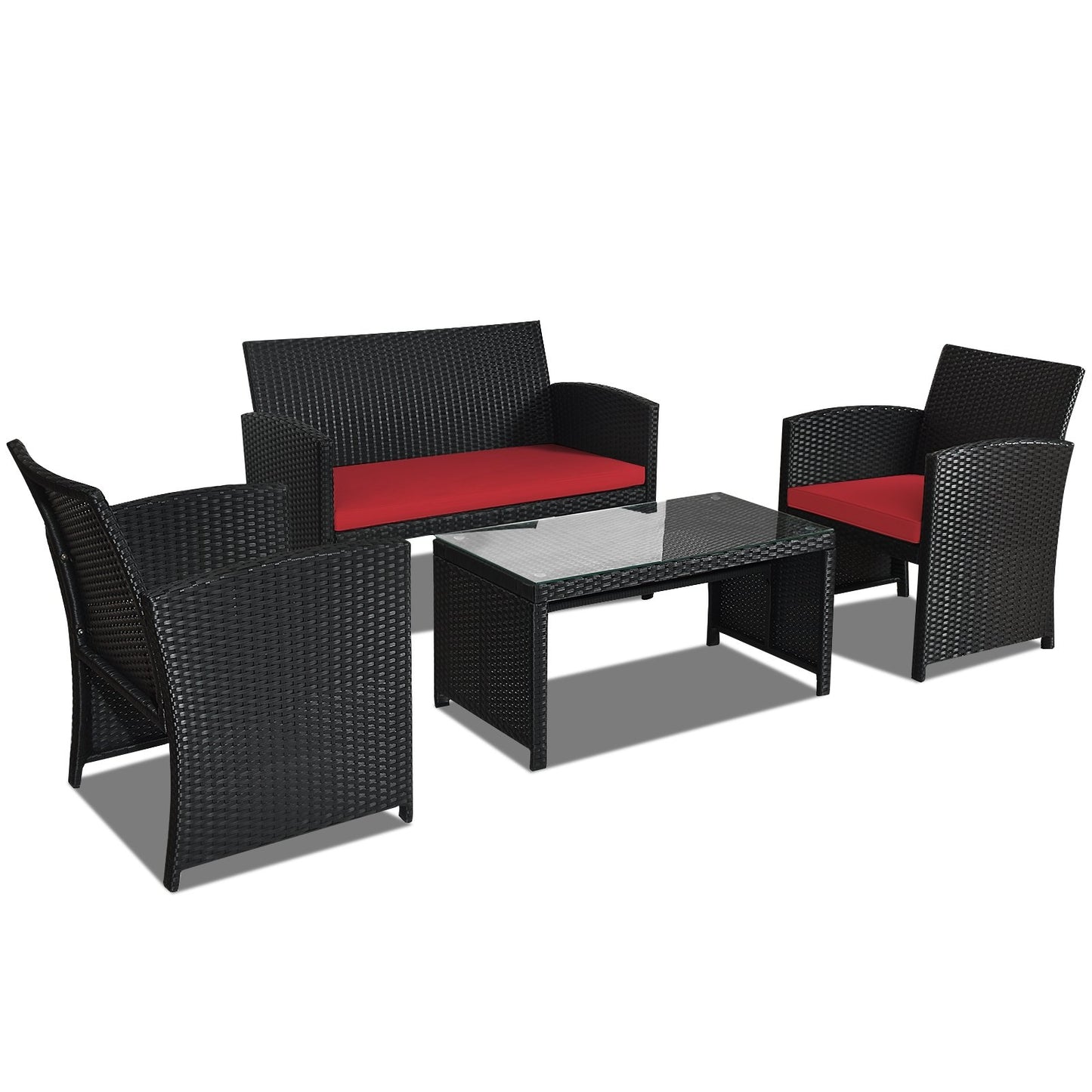 4 Pieces Rattan Patio Furniture Set with Weather Resistant Cushions and Tempered Glass Tabletop-Navy