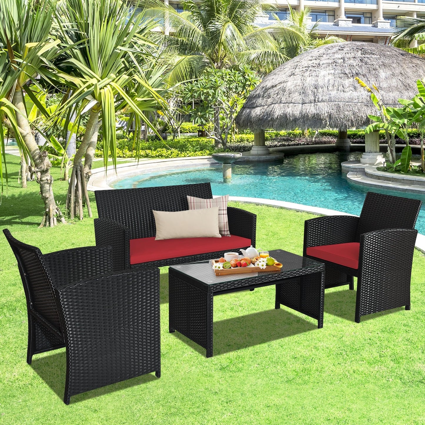 4 Pieces Rattan Patio Furniture Set with Weather Resistant Cushions and Tempered Glass Tabletop-Navy