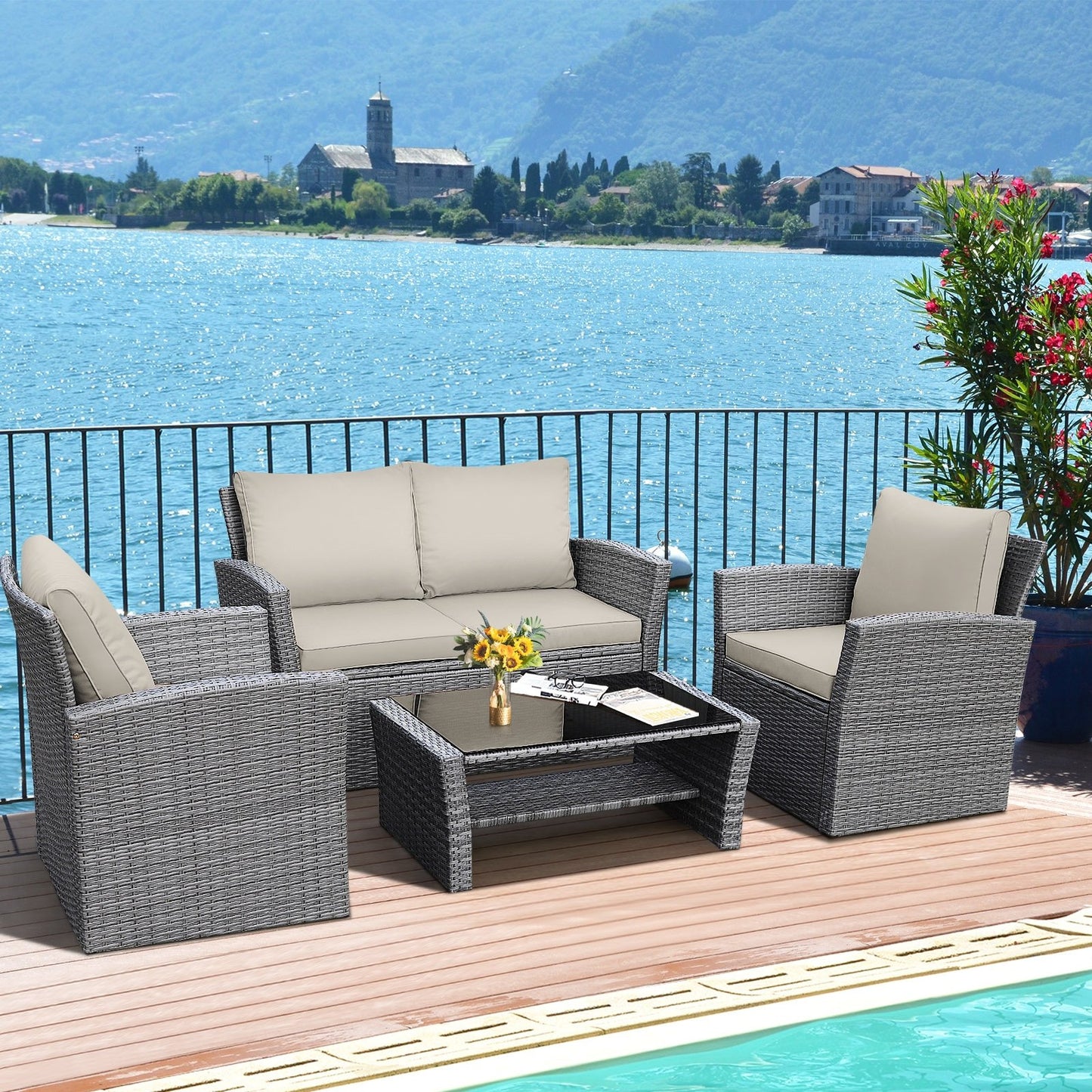 4 Pieces Patio Rattan Furniture Set Sofa Table with Storage Shelf Cushion-Beige