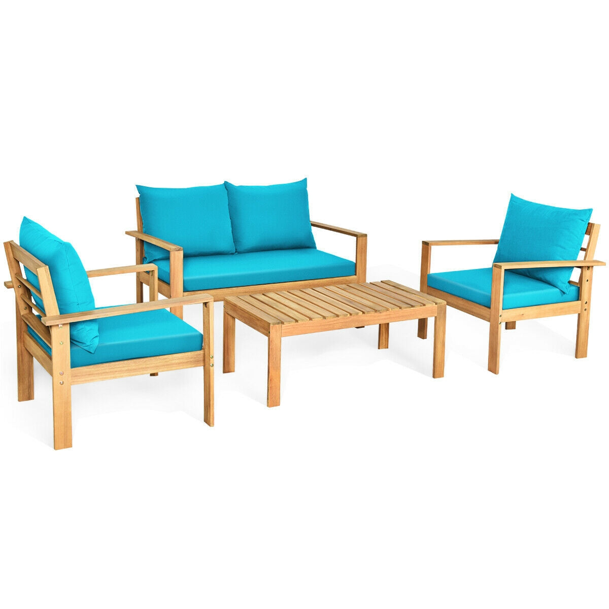 4 Pieces Outdoor Acacia Wood Chat Set with Removable Cushions and Table