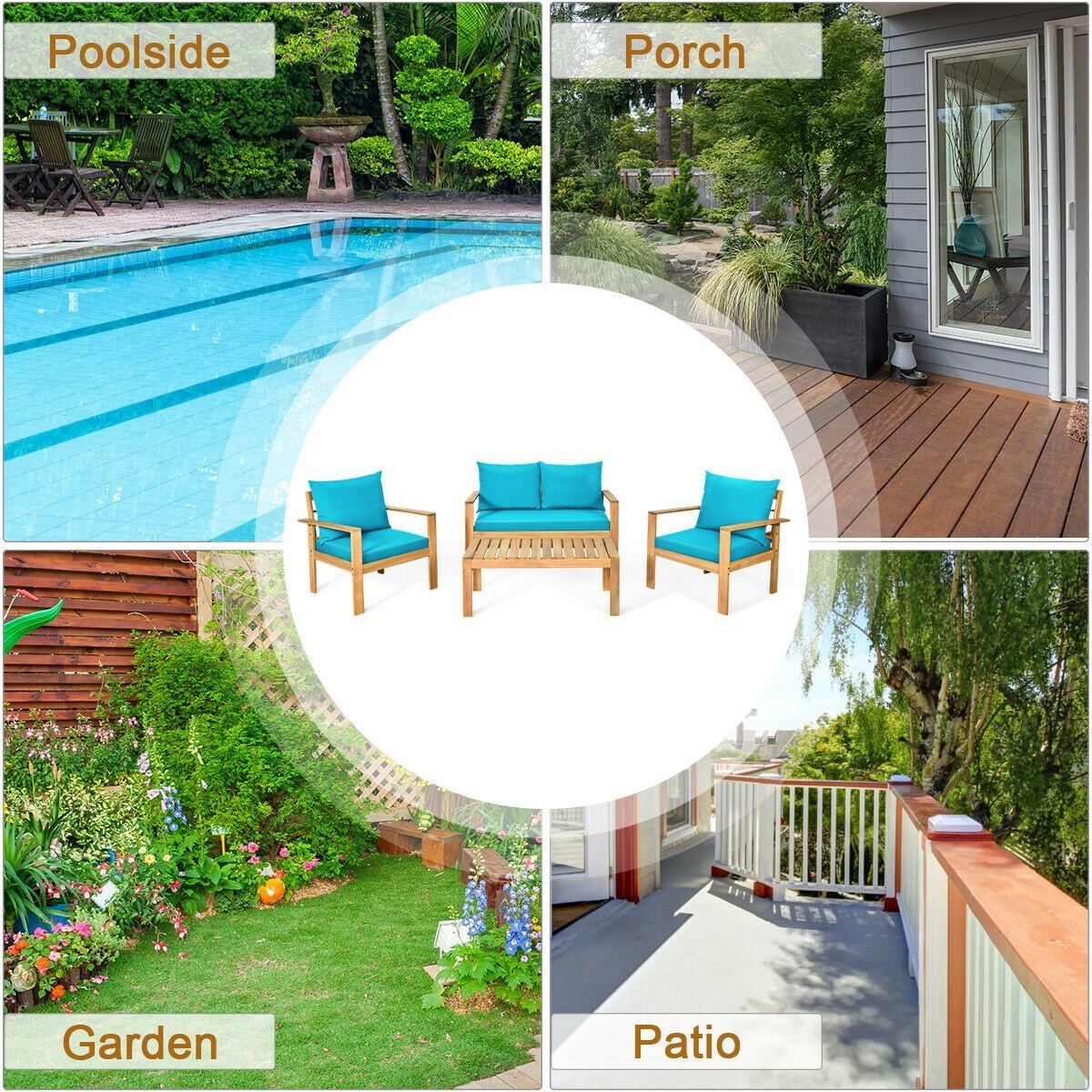 4 Pieces Outdoor Acacia Wood Chat Set with Removable Cushions and Table