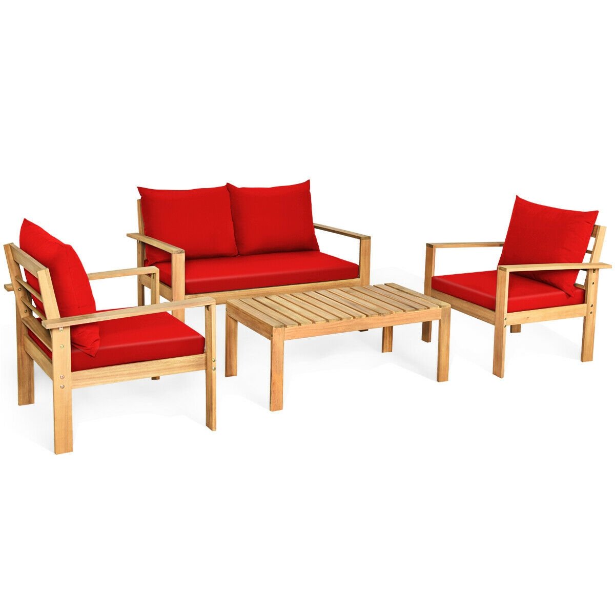 4 Pieces Outdoor Acacia Wood Chat Set with Removable Cushions and Table