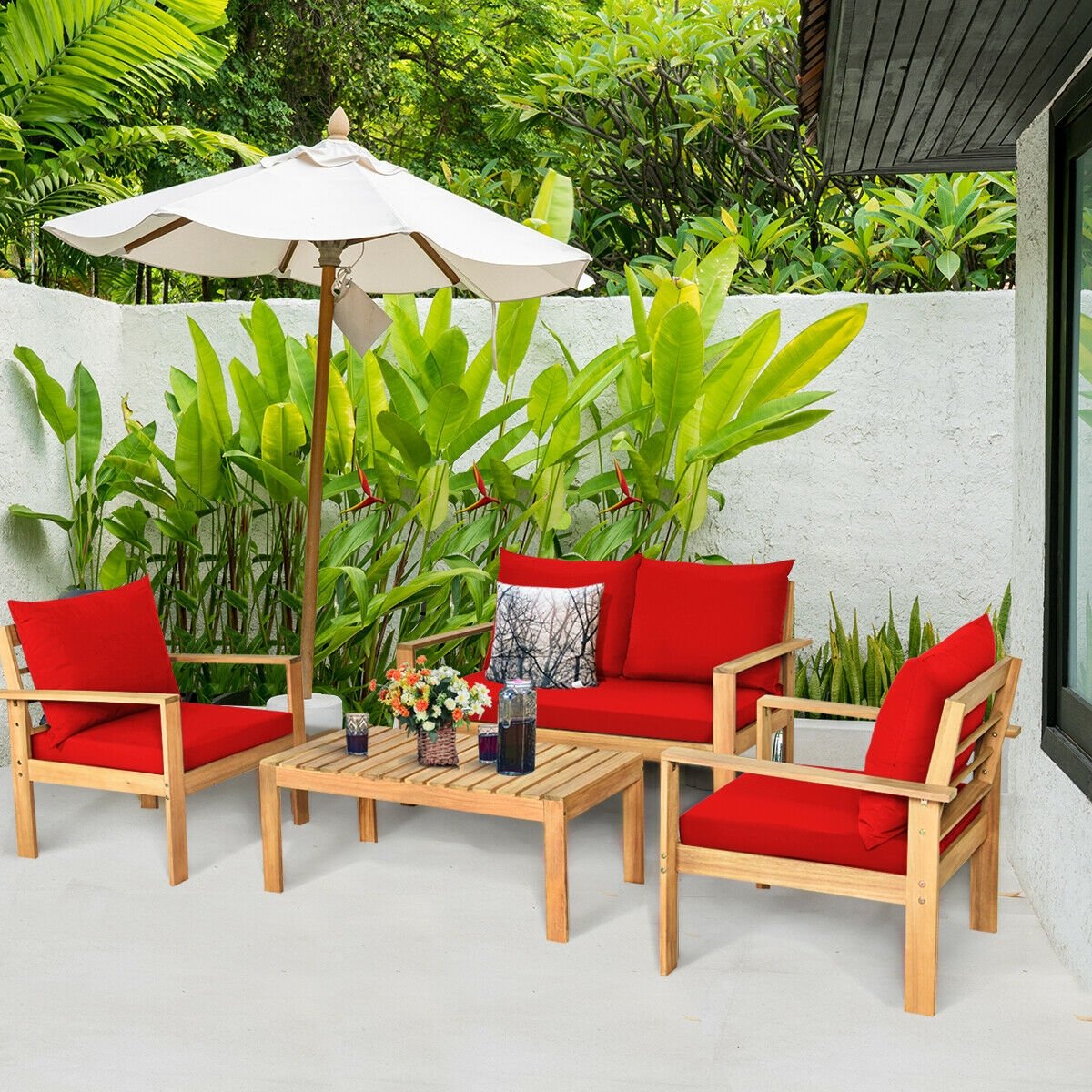 4 Pieces Outdoor Acacia Wood Chat Set with Removable Cushions and Table