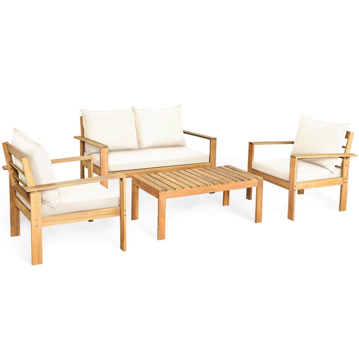 4 Pieces Outdoor Acacia Wood Chat Set with Removable Cushions and Table
