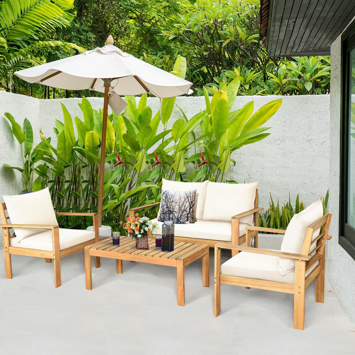 4 Pieces Outdoor Acacia Wood Chat Set with Removable Cushions and Table