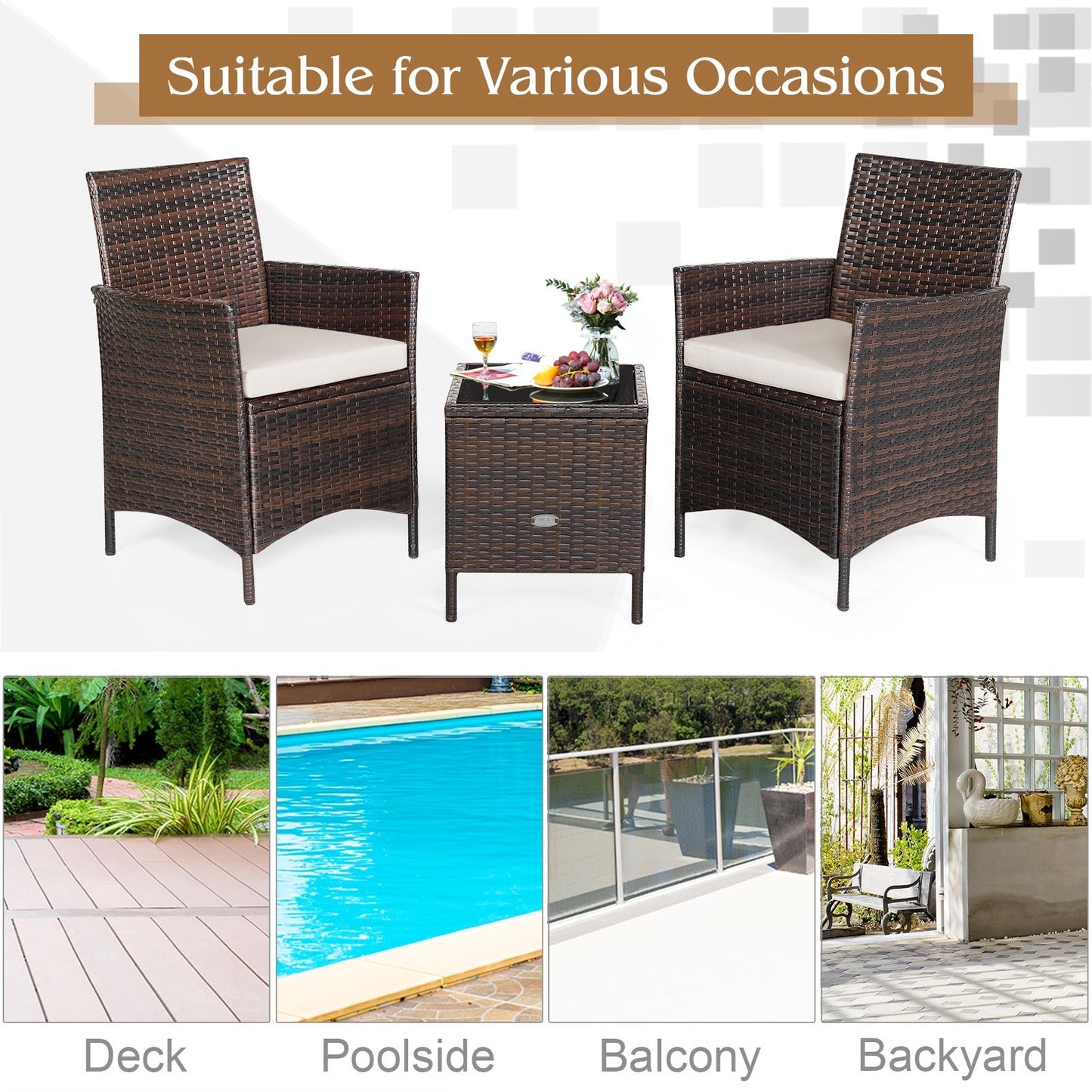 3Pcs Patio Rattan Furniture Set Cushioned Sofa and Glass Tabletop Deck-Blue