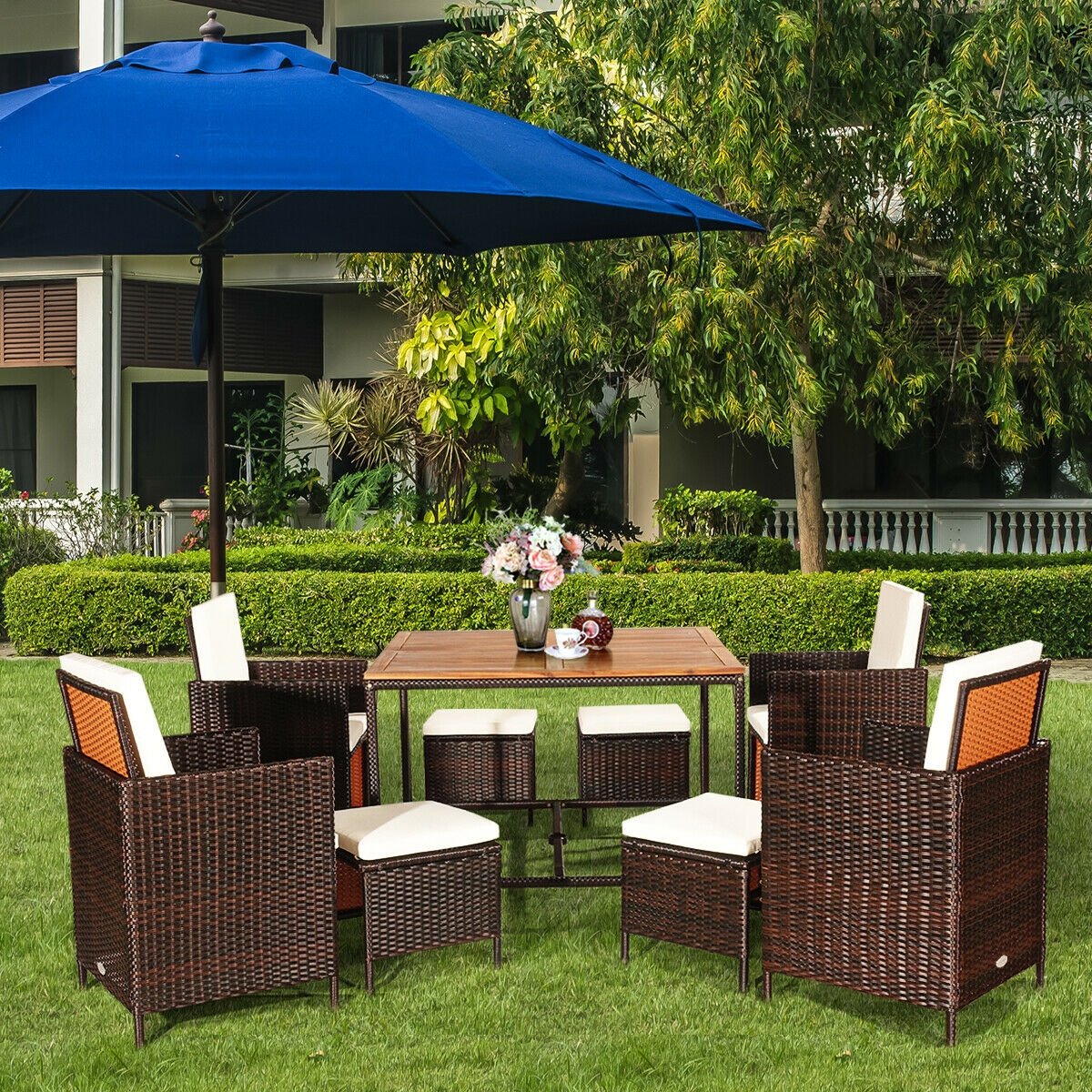 9 Pieces Patio Rattan Dining Cushioned Chairs Set-Black