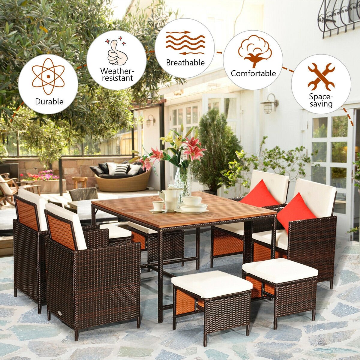 9 Pieces Patio Rattan Dining Cushioned Chairs Set-Black