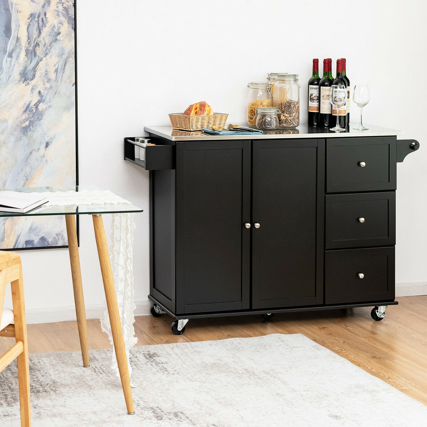 Kitchen Island 2-Door Storage Cabinet with Stainless Steel Top and Drawers-Black