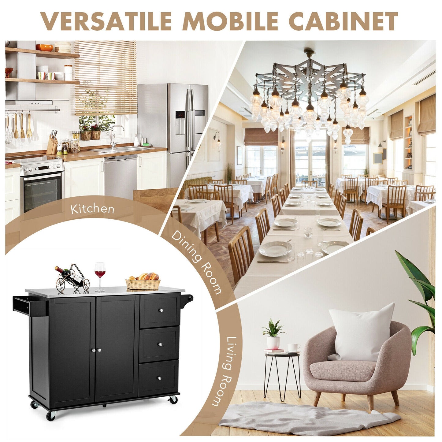 Kitchen Island 2-Door Storage Cabinet with Stainless Steel Top and Drawers-Black