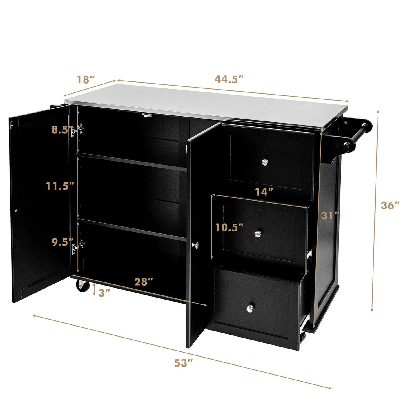 Kitchen Island 2-Door Storage Cabinet with Stainless Steel Top and Drawers-Black