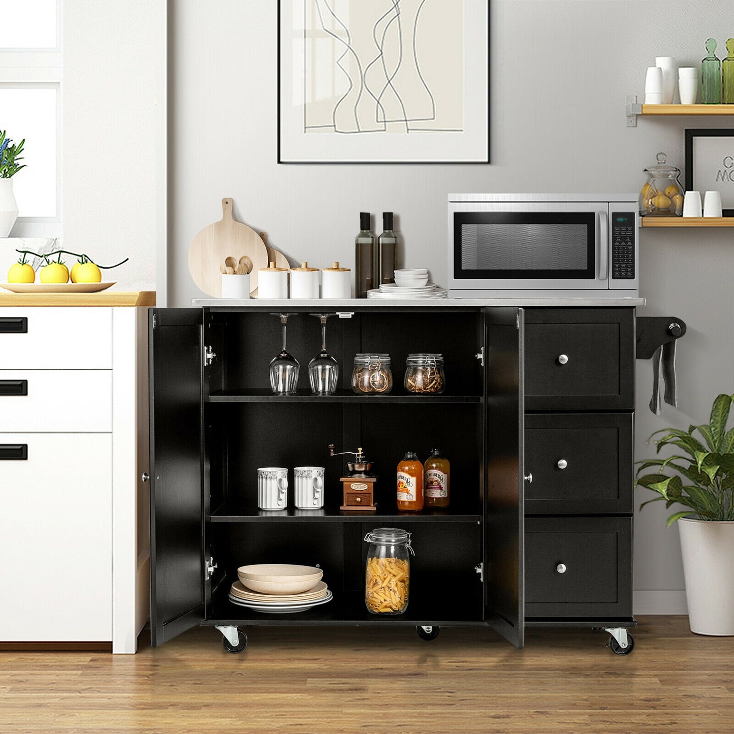 Kitchen Island 2-Door Storage Cabinet with Stainless Steel Top and Drawers-Black