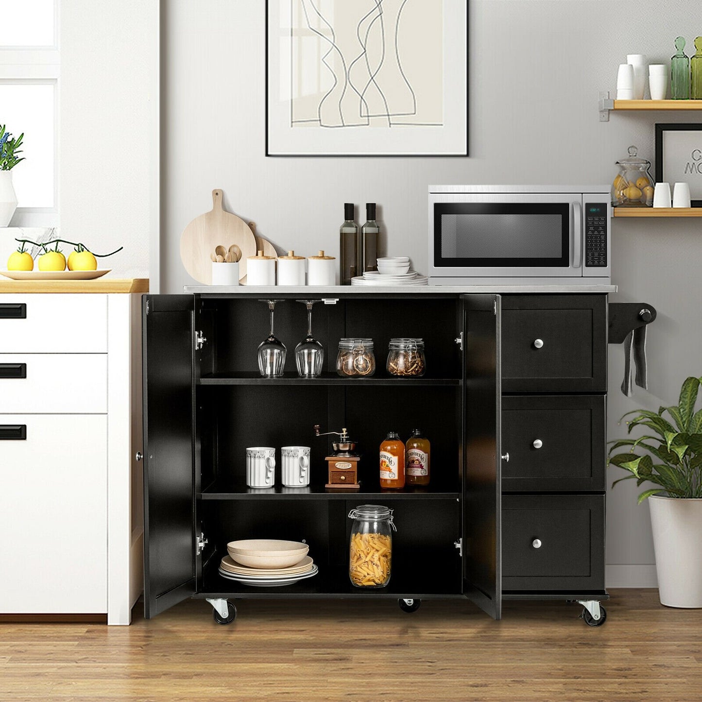 Kitchen Island 2-Door Storage Cabinet with Stainless Steel Top and Drawers-Black