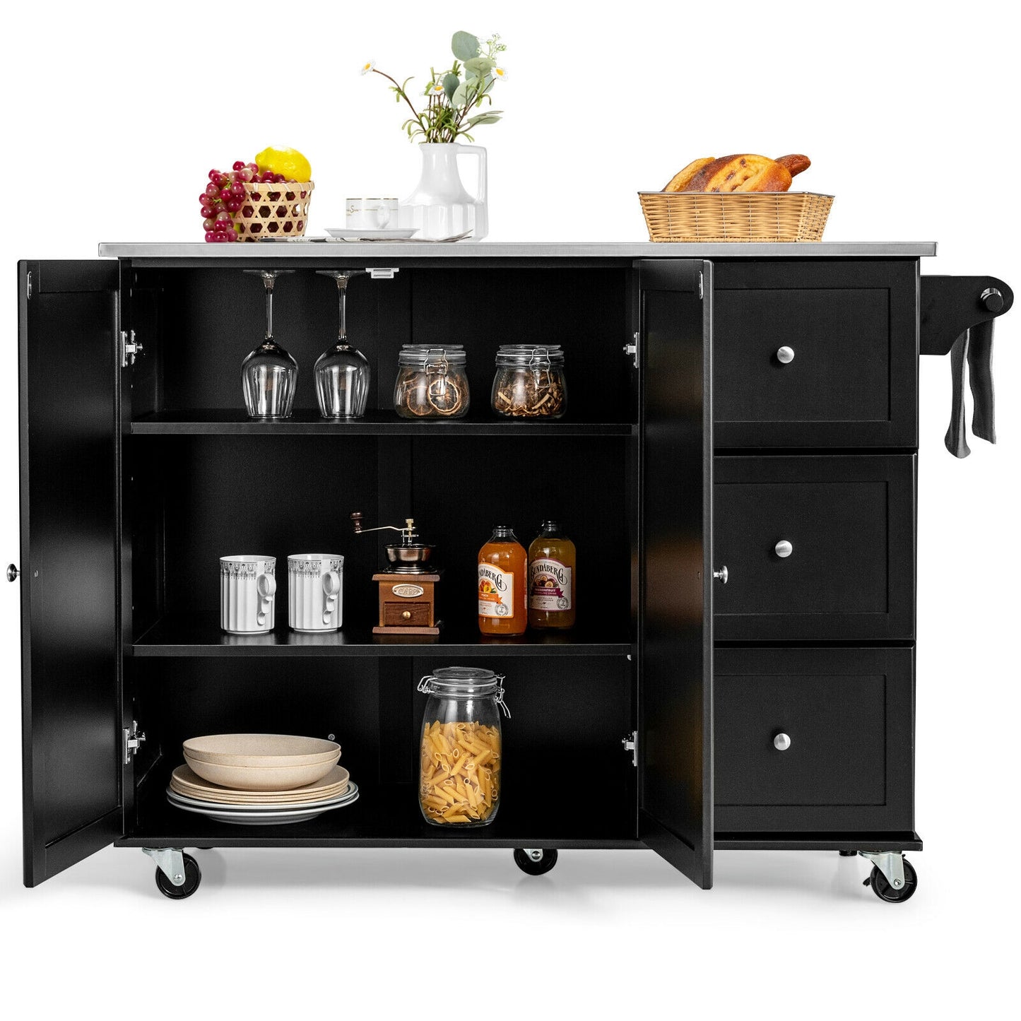 Kitchen Island 2-Door Storage Cabinet with Stainless Steel Top and Drawers-Black