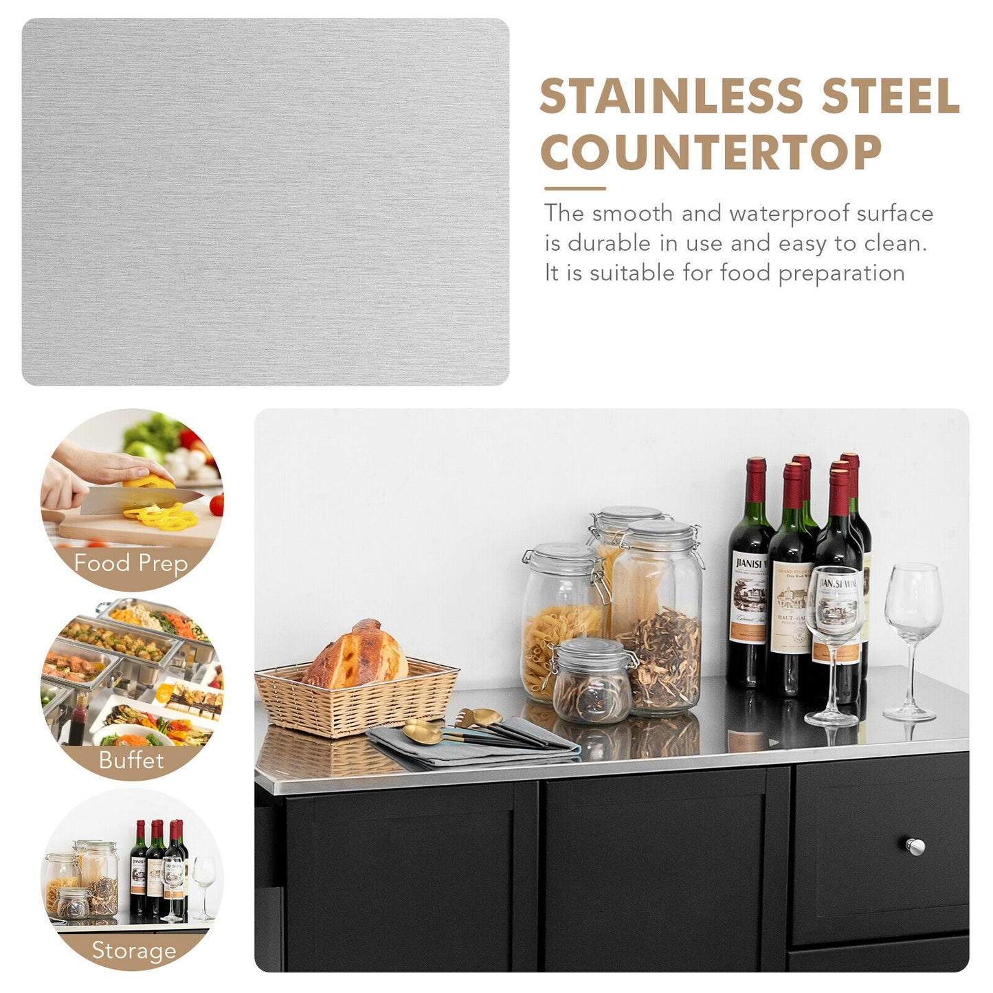 Kitchen Island 2-Door Storage Cabinet with Stainless Steel Top and Drawers-Black