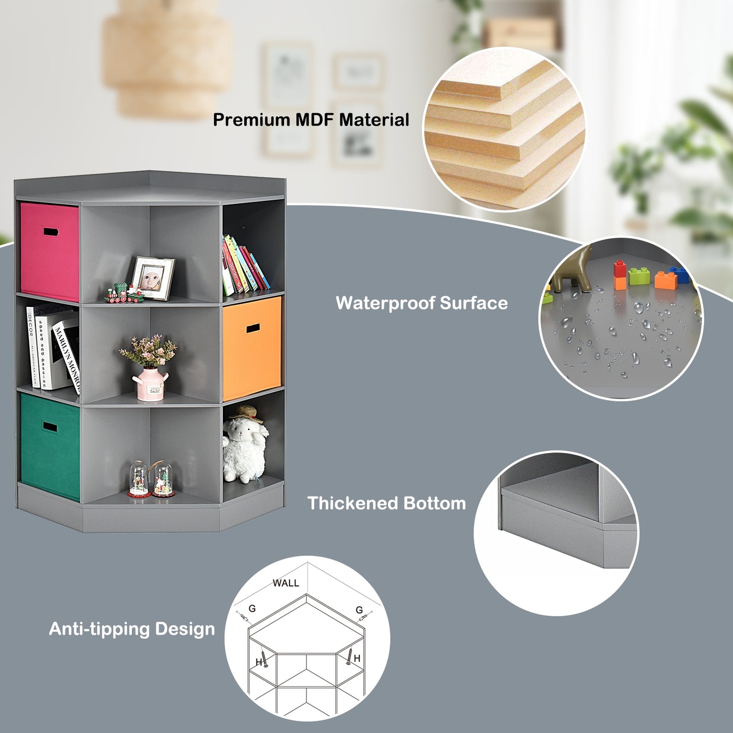 3-Tier Kids Storage Shelf Corner Cabinet with 3 Baskets-Gray
