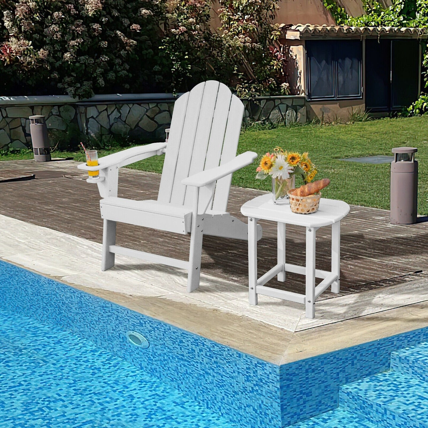 Outdoor Adirondack Chair with Built-in Cup Holder for Backyard Porch-Black