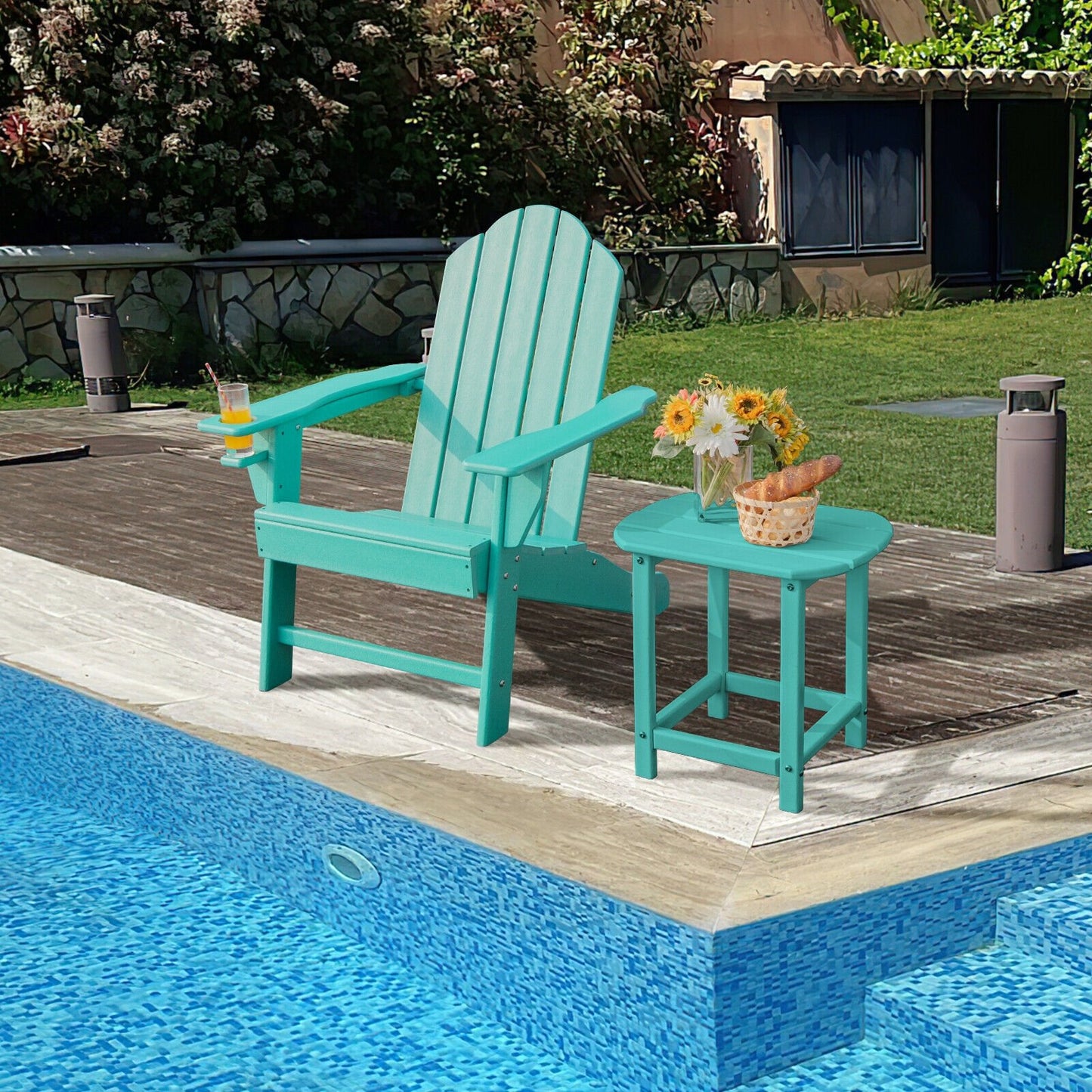 Outdoor Adirondack Chair with Built-in Cup Holder for Backyard Porch-Black