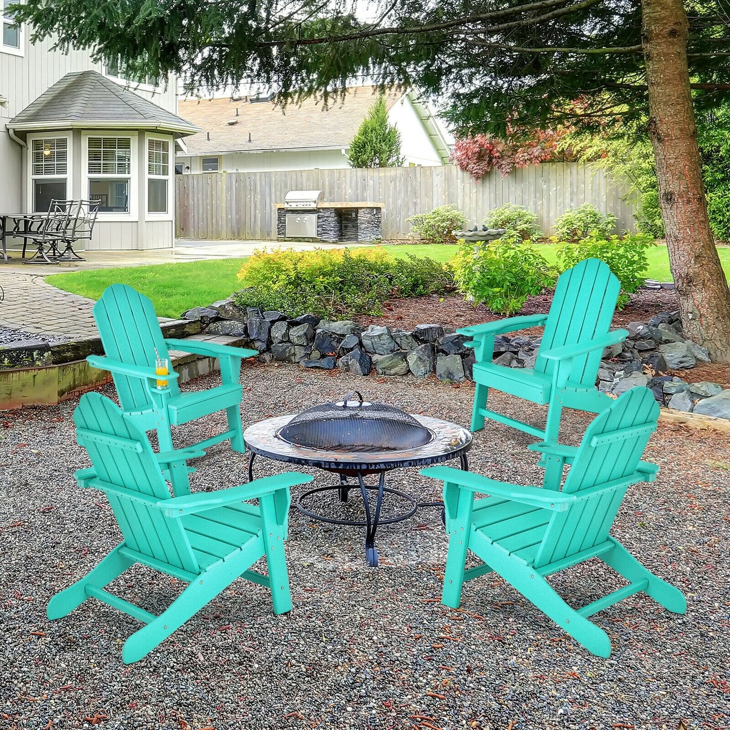 Outdoor Adirondack Chair with Built-in Cup Holder for Backyard Porch-Black