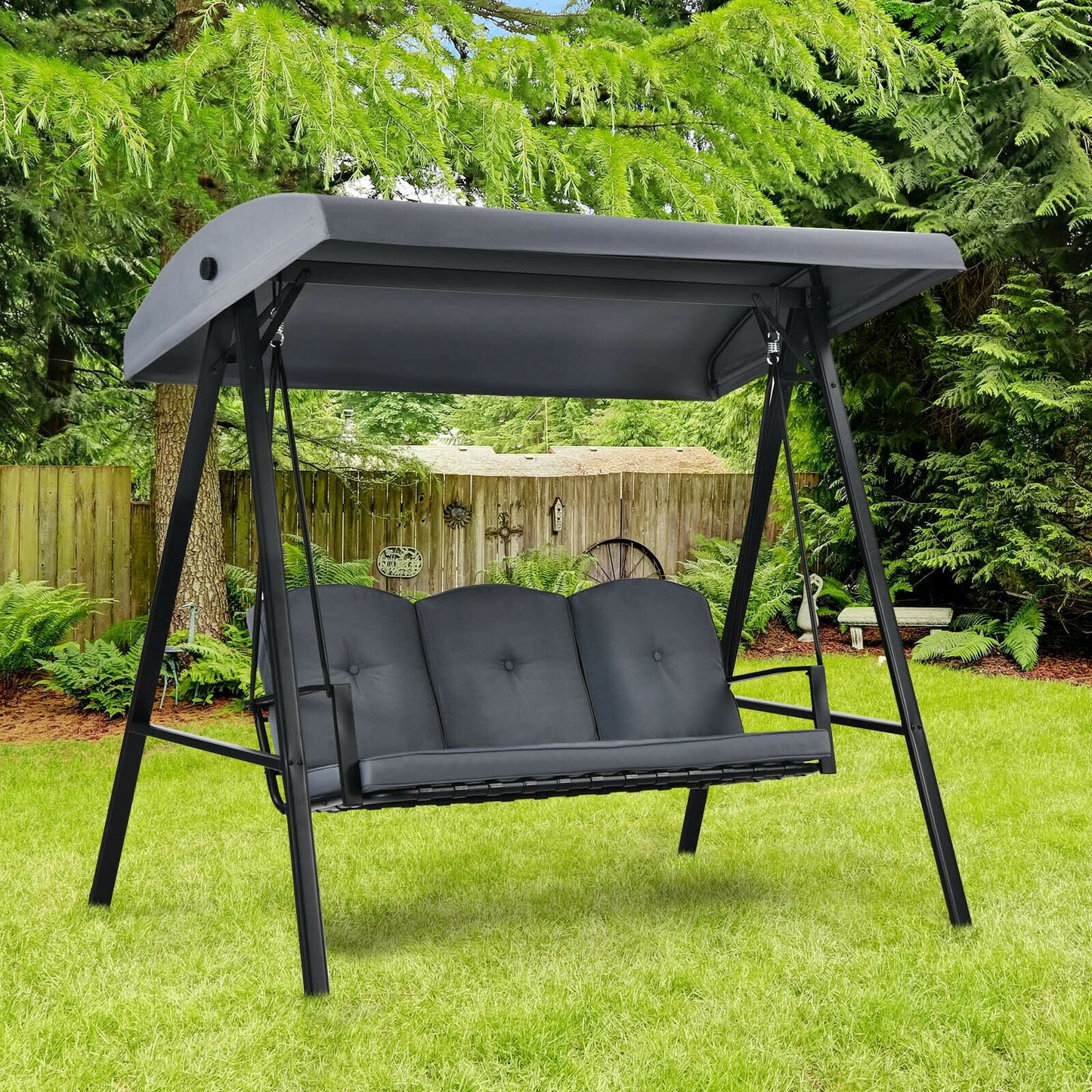 Outdoor 3-Seat Porch Swing with Adjust Canopy and Cushions-Coffee