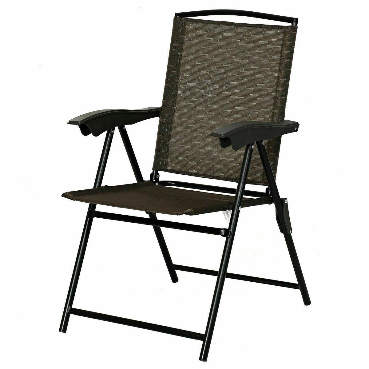 2 Pieces Folding Sling Chairs with Steel Armrests and Adjustable Back