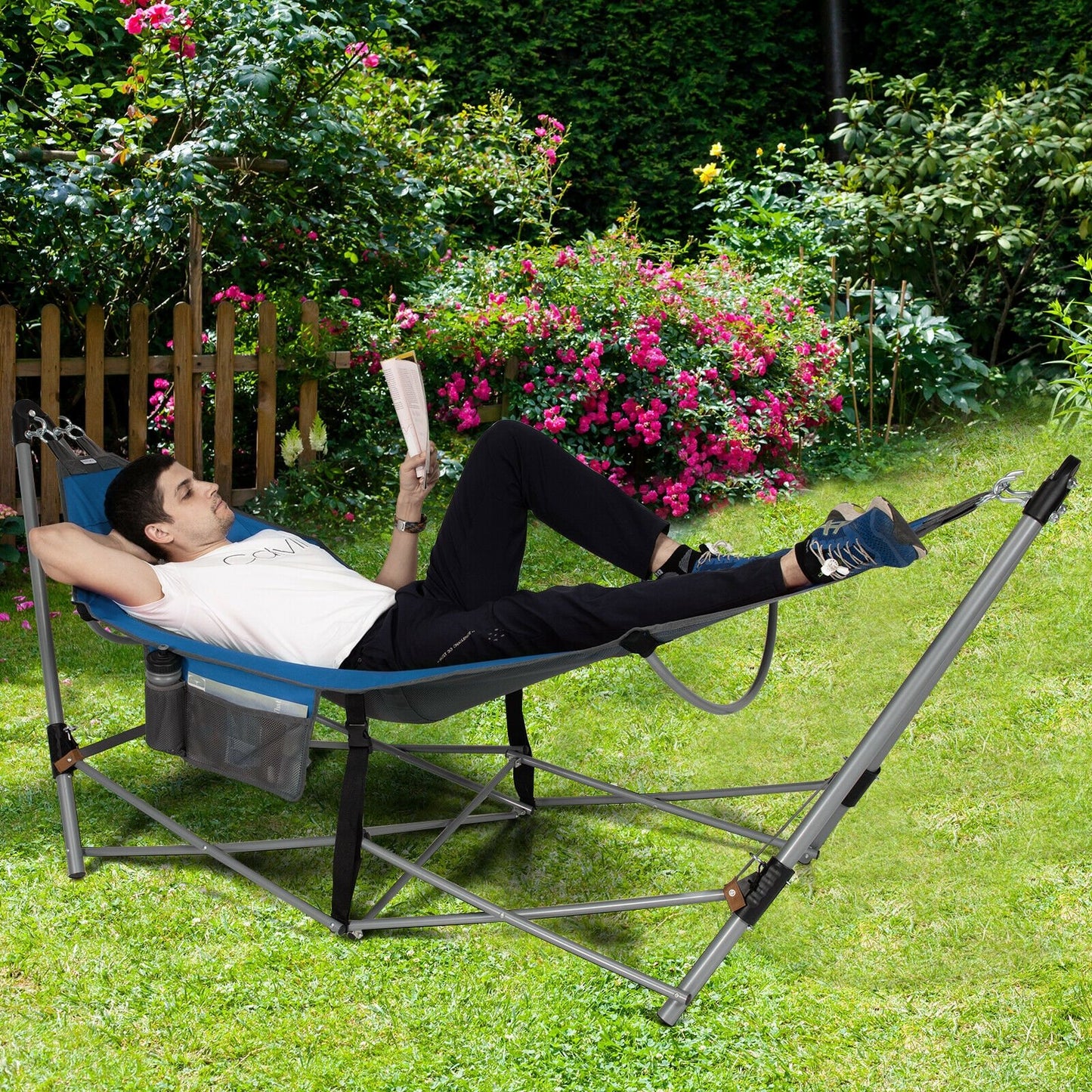 Folding Hammock Indoor Outdoor Hammock with Side Pocket and Iron Stand-Black