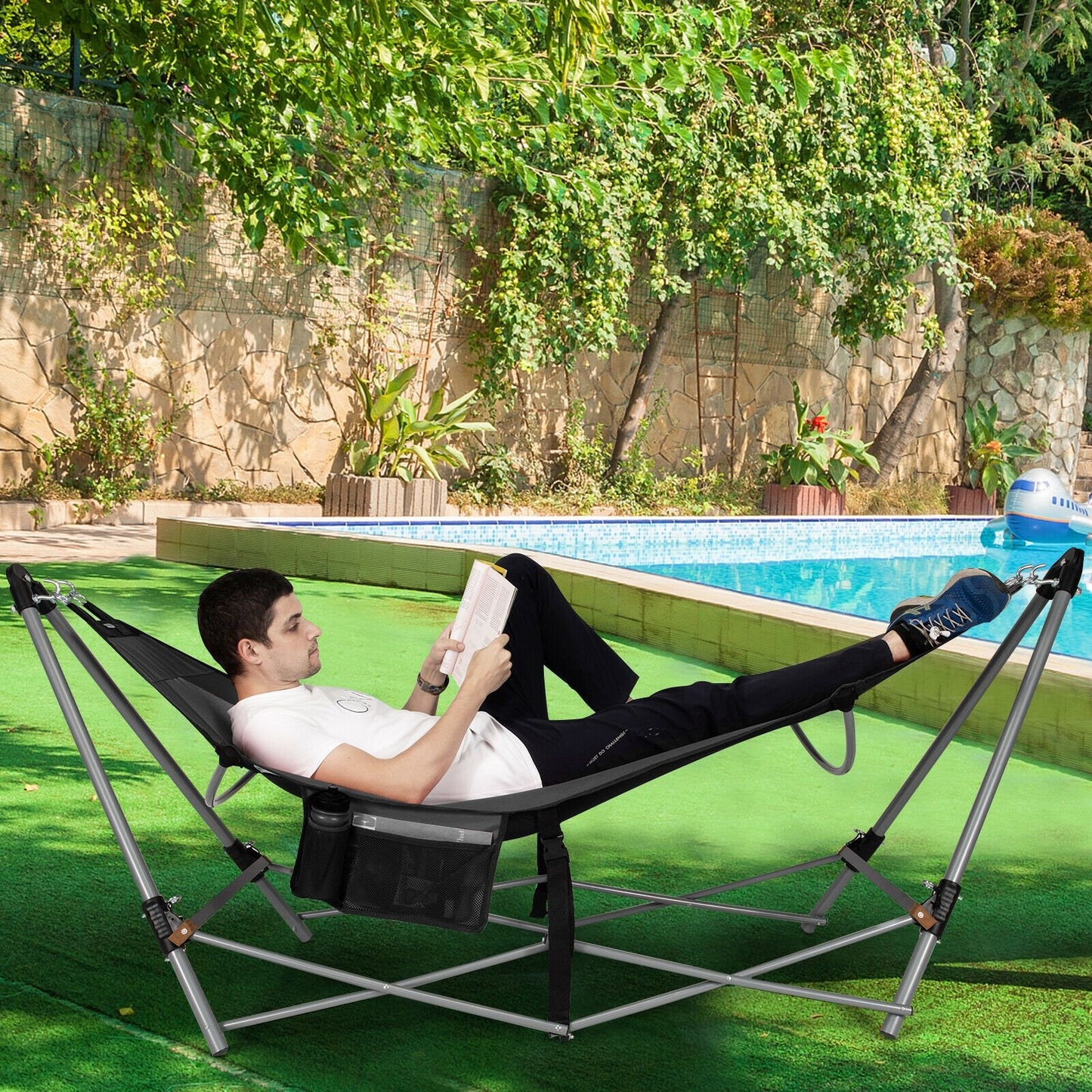 Folding Hammock Indoor Outdoor Hammock with Side Pocket and Iron Stand-Black